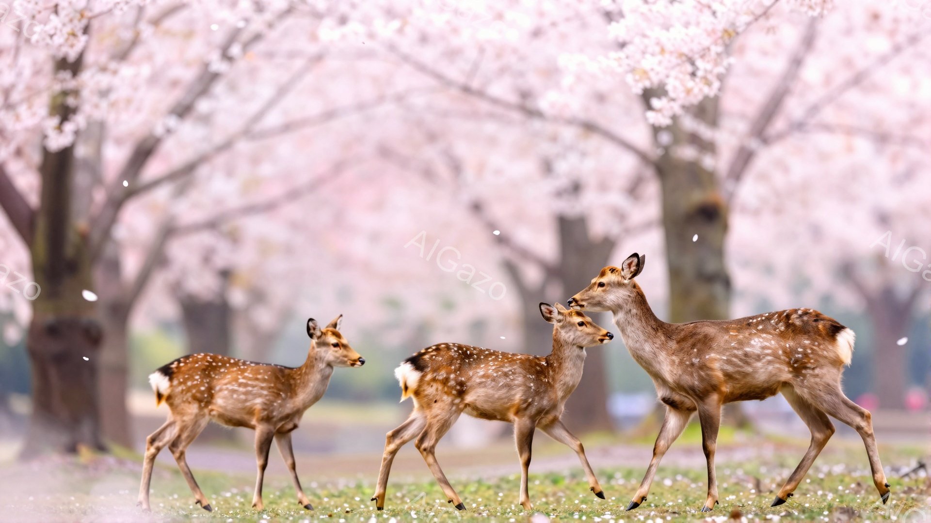 桜並木の中を、親子鹿が歩いている様子が捉えられています。母鹿は子鹿を優しく見守り、春の光に包まれた穏やかな雰囲気が漂っています。ピンク色の花びらが舞い、幻想的な風景を作り出しています。 - AI生成フリー素材