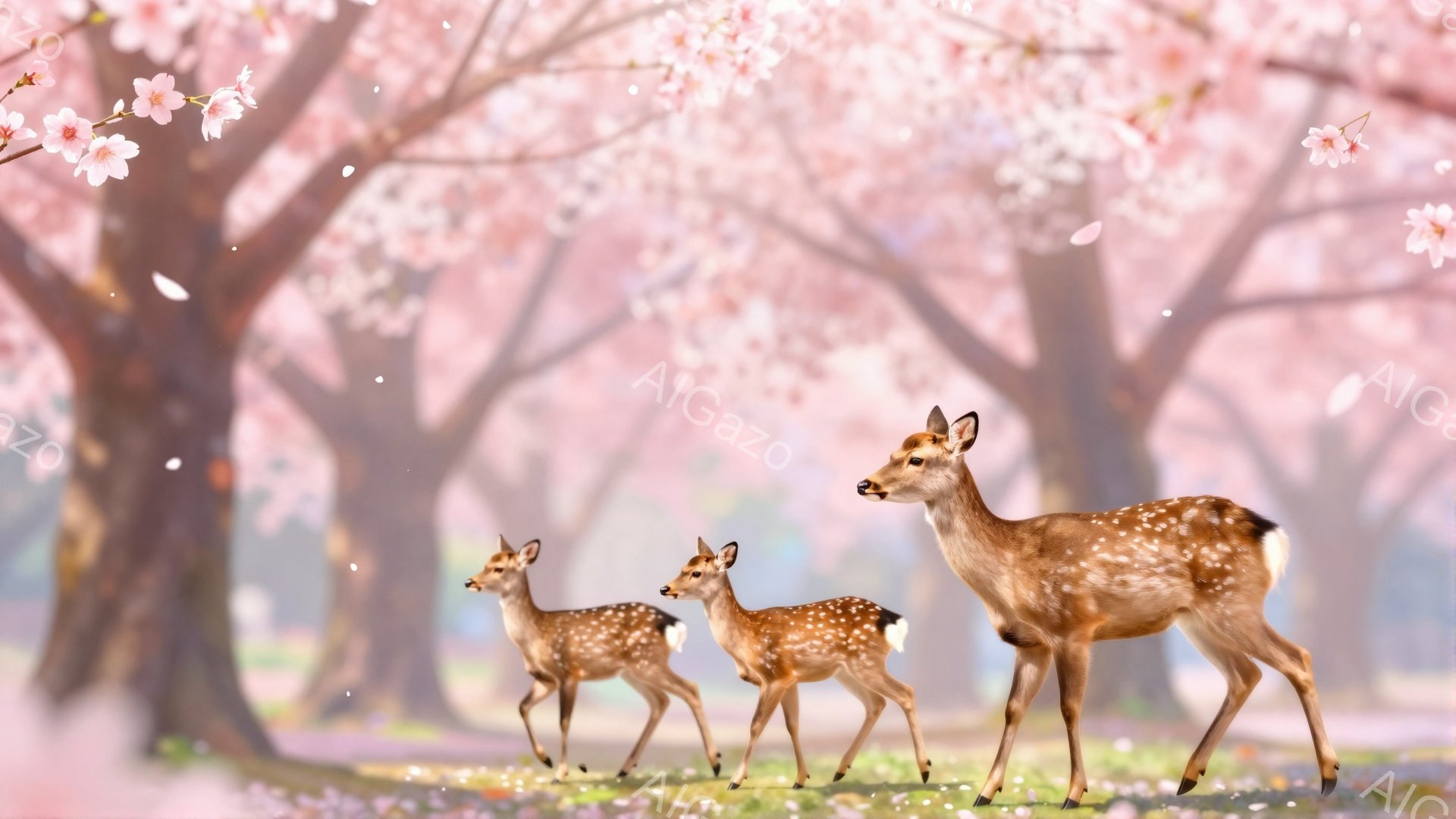 桜並木の中を、母鹿と子鹿二頭が歩いている。ピンク色の花びらが舞い散り、春の穏やかな雰囲気が漂っている。優しい光が差し込み、暖かく幻想的な光景を作り出している。 - AI生成フリー素材