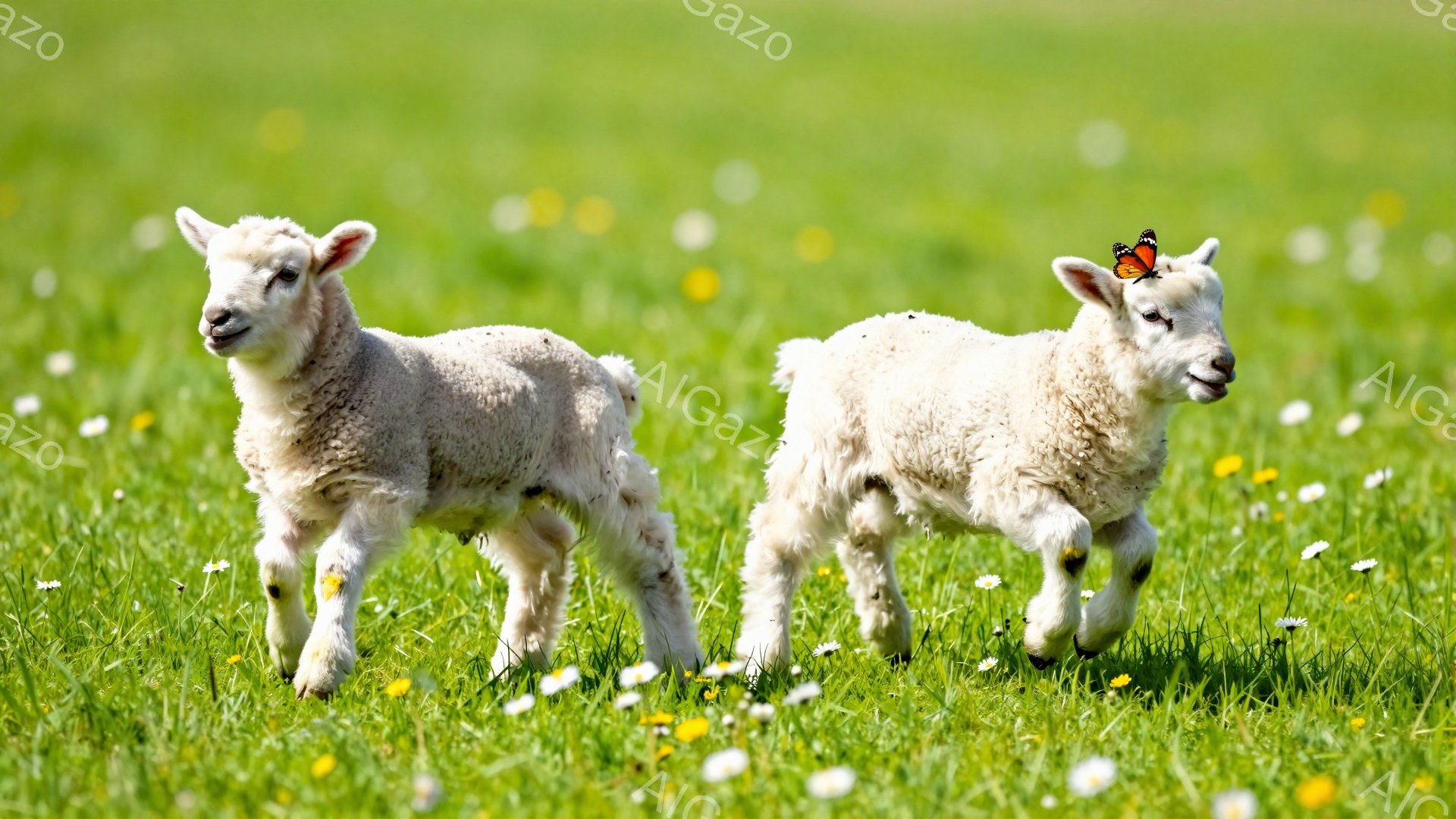 緑の草地で、二匹の子羊が寄り添って歩いている。周りには黄色と白い花が咲き乱れ、穏やかで平和な雰囲気を醸し出している。子羊たちは可愛らしい表情で、春の陽光の下で楽しそうにしている。