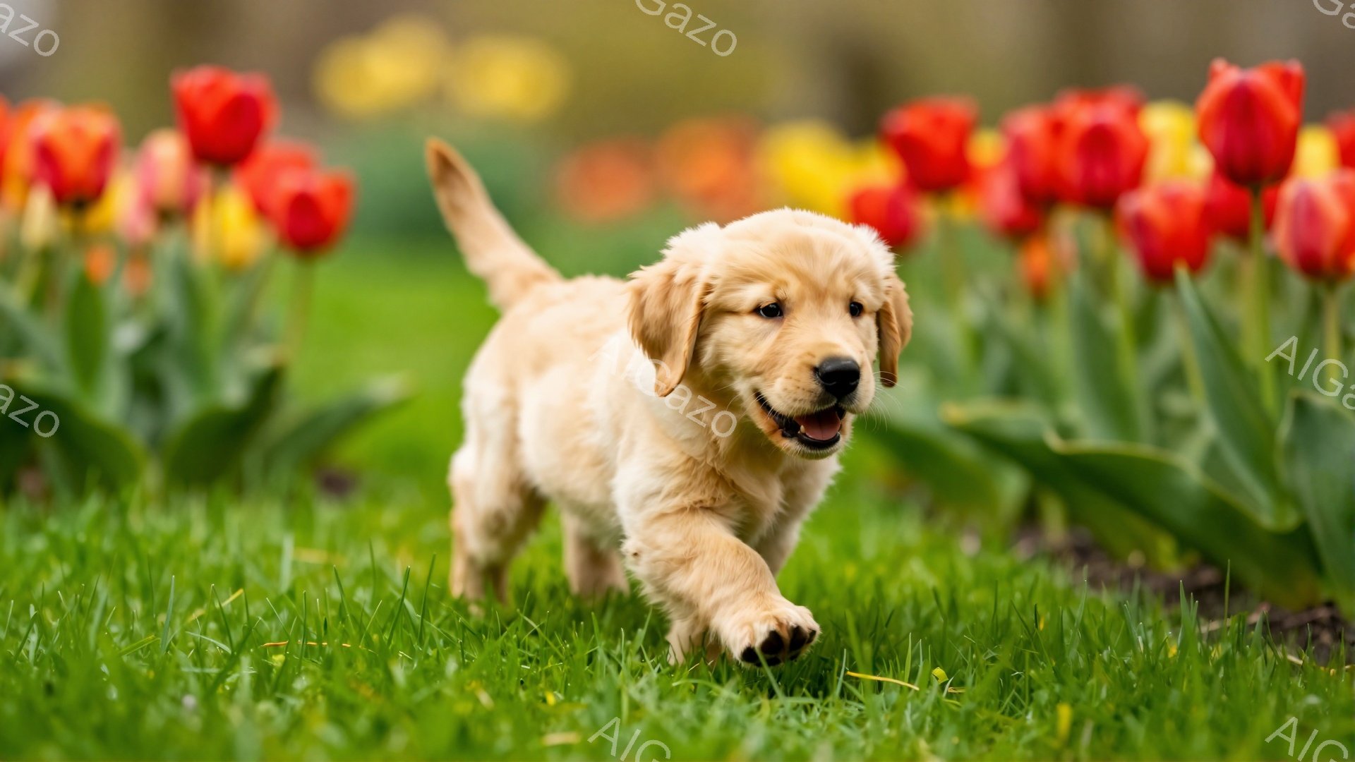 明るい緑の草原で子犬が元気に走り回っています。鮮やかな赤や黄色のチューリップが背景に咲き誇り、春の暖かさを感じさせる一枚です。子犬の表情は楽しそうで、生き生きとしています。