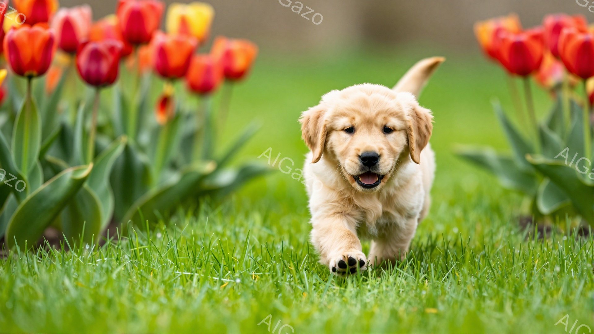 緑豊かな草原を、子犬が元気に駆け抜けています。背後には色とりどりのチューリップが咲き乱れ、春の暖かさを感じさせます。子犬の表情は嬉しそうで、明るい雰囲気が広がっています。