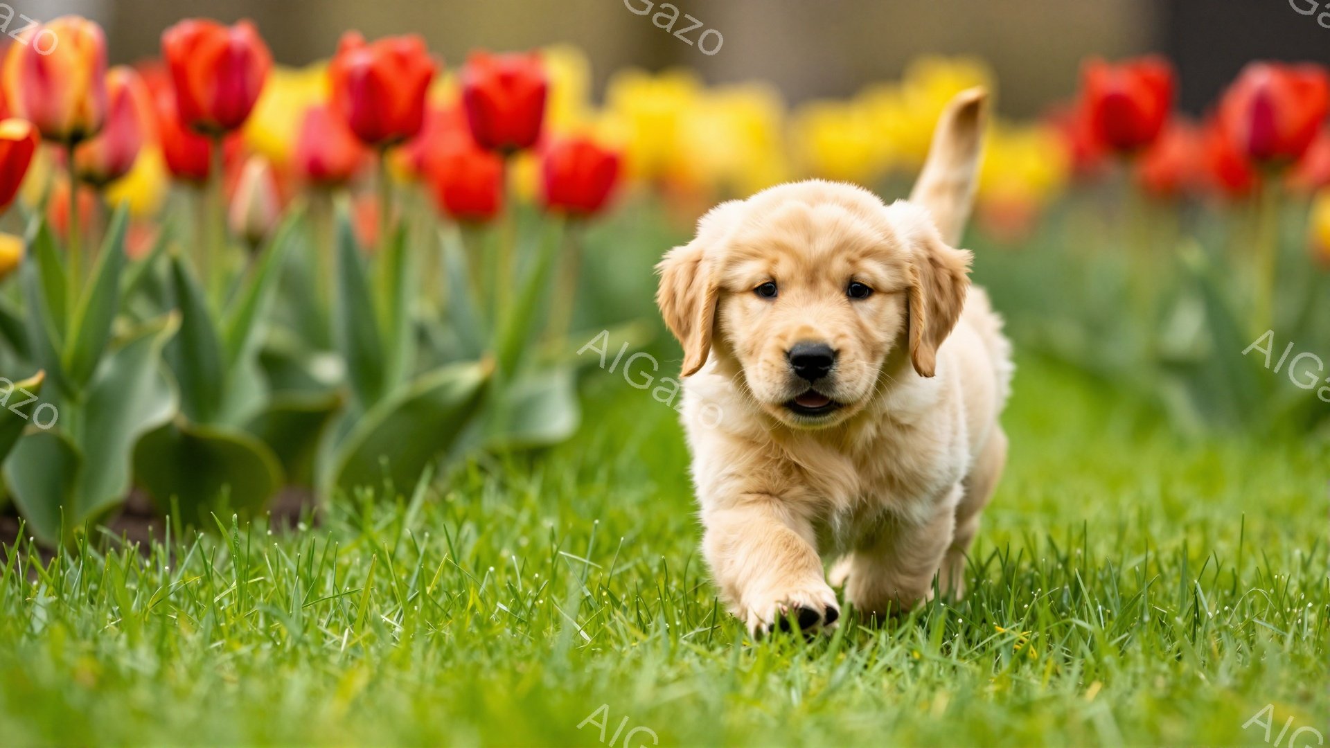 ゴールデンレトリバーの子犬が緑の芝生の上を歩いています。背景には赤や黄色のチューリップが咲き乱れ、春の暖かな雰囲気が漂っています。子犬は好奇心に満ちた表情で、こちらに向かって歩いてくるようです。