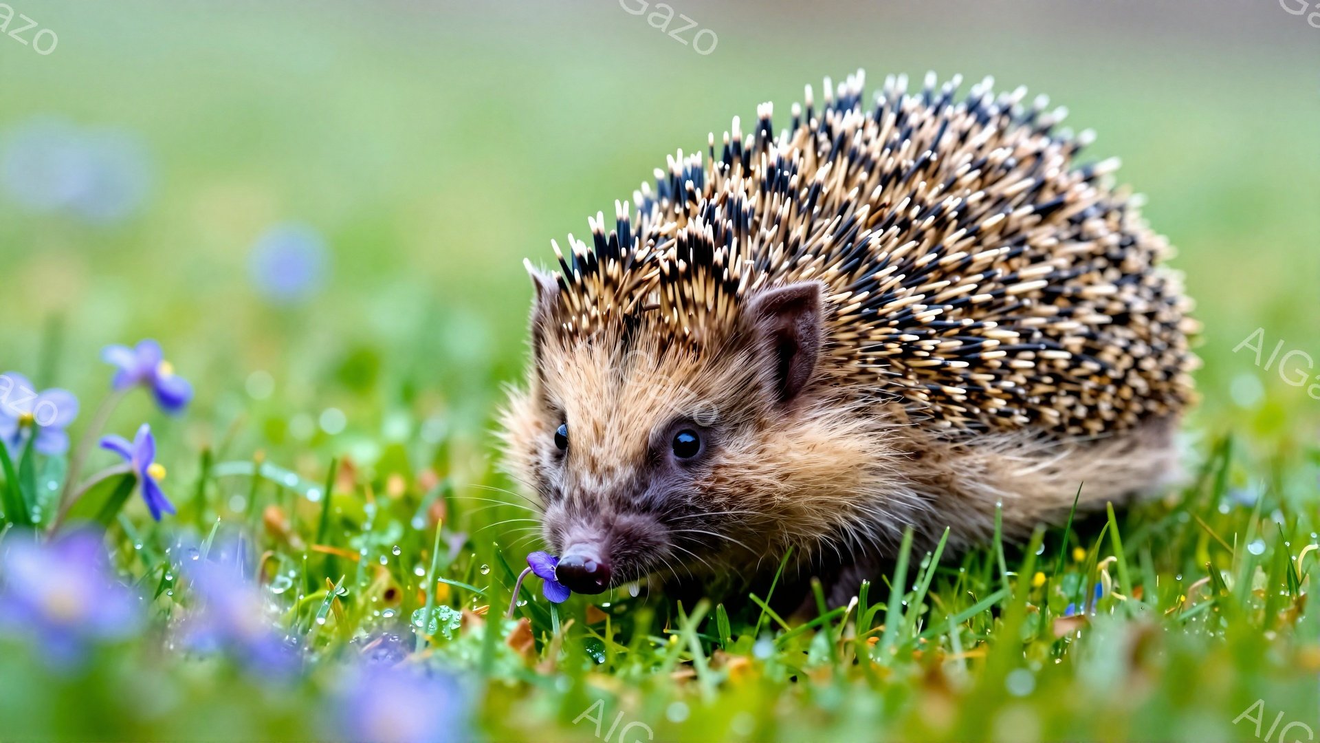 緑の草むらと紫色の花の中に、可愛らしいハリネズミがいます。少し濡れた鼻で紫色の花をくわえ、まるで何かを楽しんでいるような表情をしています。背景は鮮やかな緑色で、暖かく穏やかな雰囲気が漂っています。