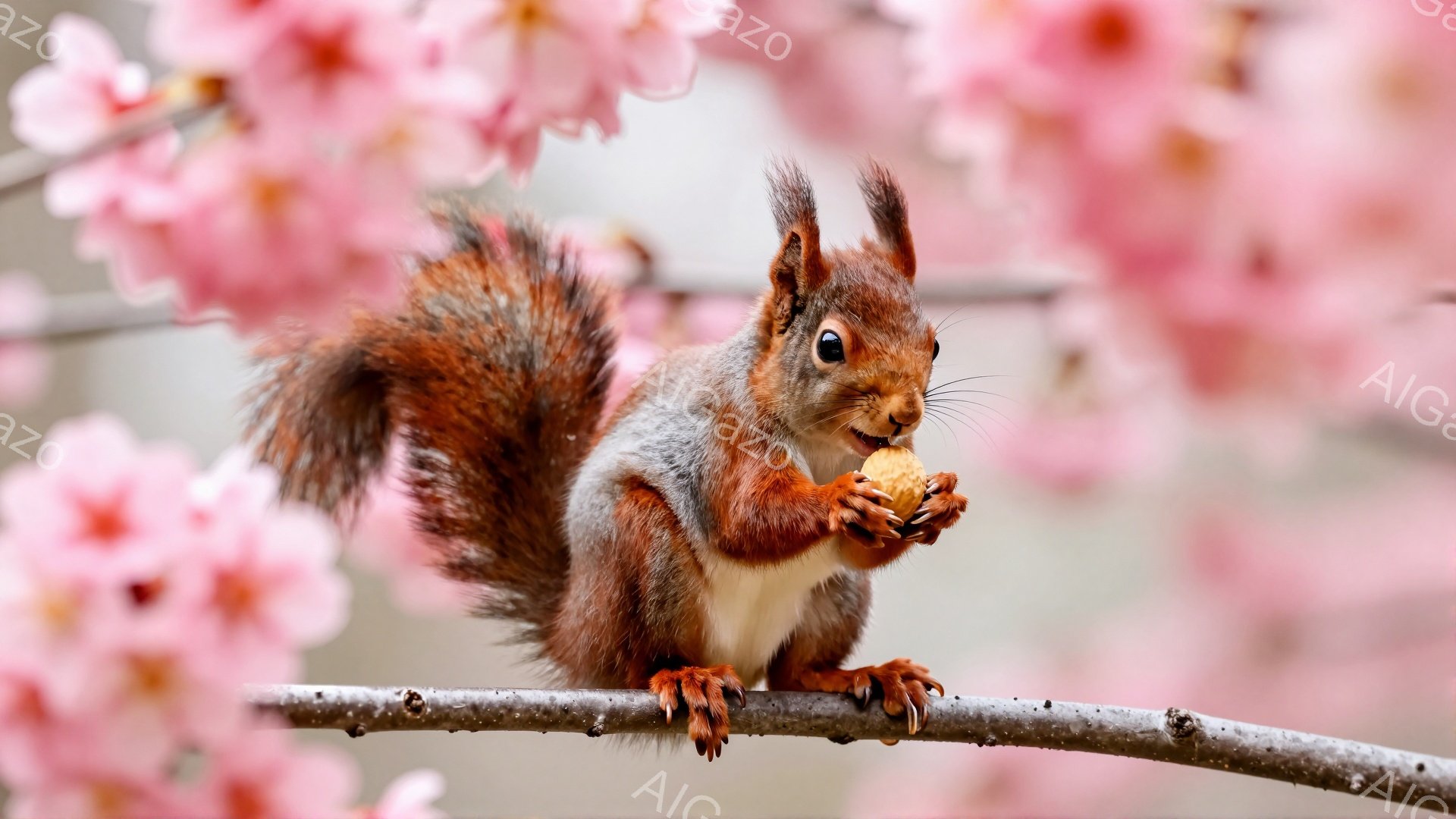 鮮やかなピンク色の桜の花を背景に、リスが木の枝に腰掛けています。手に持った木の実を美味しそうに頬張っており、ふっくらとした毛並みとつぶらな瞳が可愛らしいです。春の暖かな日差しの中で、可愛らしいリスがくつろいでいる様子が伝わってきます。