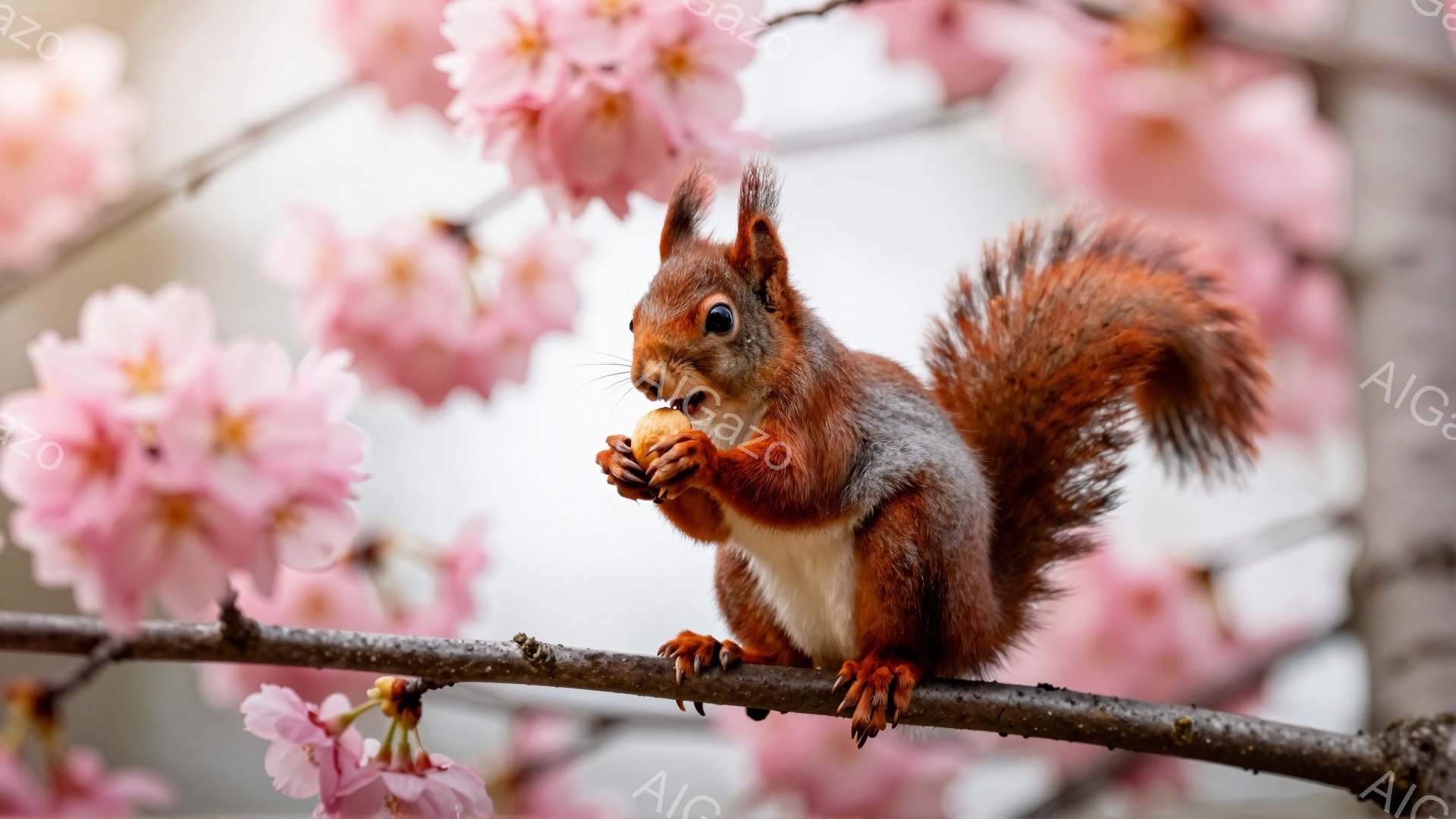 鮮やかなピンク色の桜の花びらが背景に広がる中で、一匹の毛並みの美しいリスが木の枝にとまっている。リスは何か食べ物を口にくわえ、前足でしっかりと持っている。春らしい暖かく柔らかな光が降り注ぎ、穏やかな雰 - AI生成フリー素材
