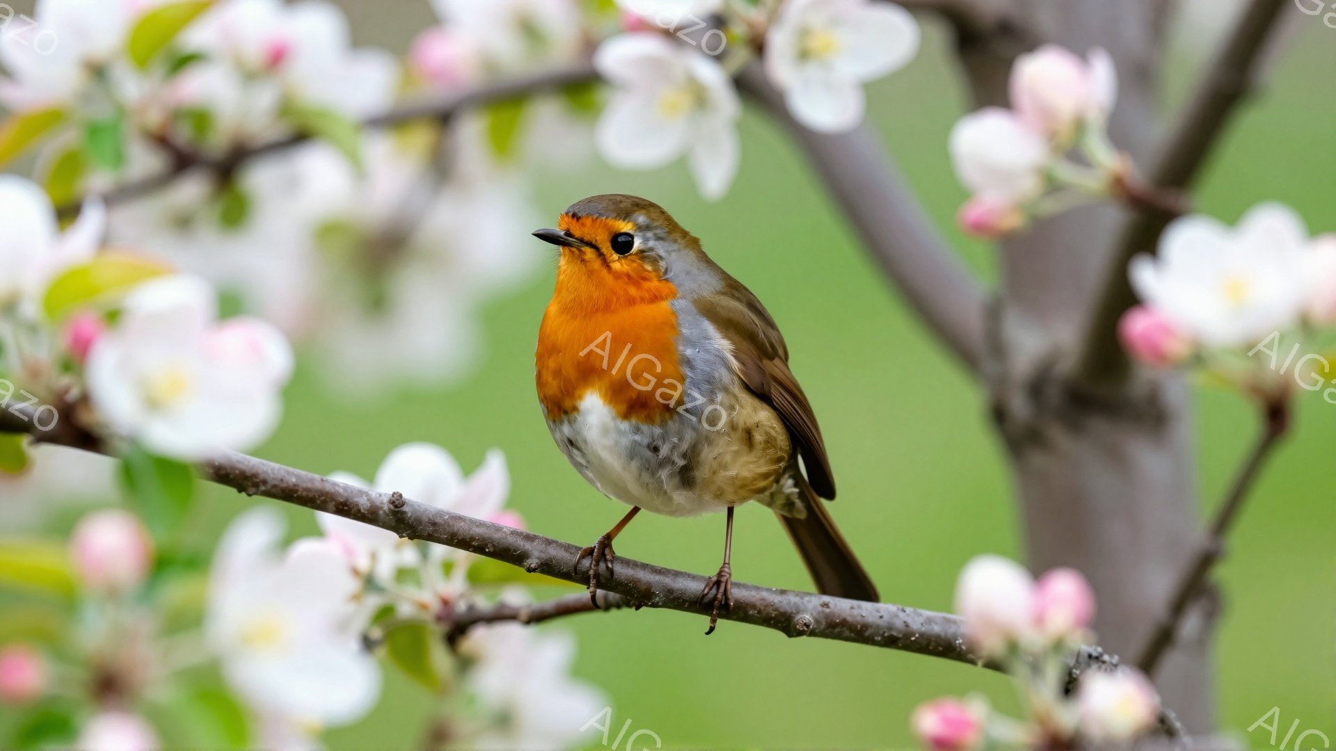 赤い胸を持つヨーロッパコマドリが、薄いピンク色の花が咲き誇る木の枝にとまっている。背景は穏やかな緑色で、春の訪れを感じさせる。鳥は前方を向いており、警戒している様子や、さえずりそうに見える。
