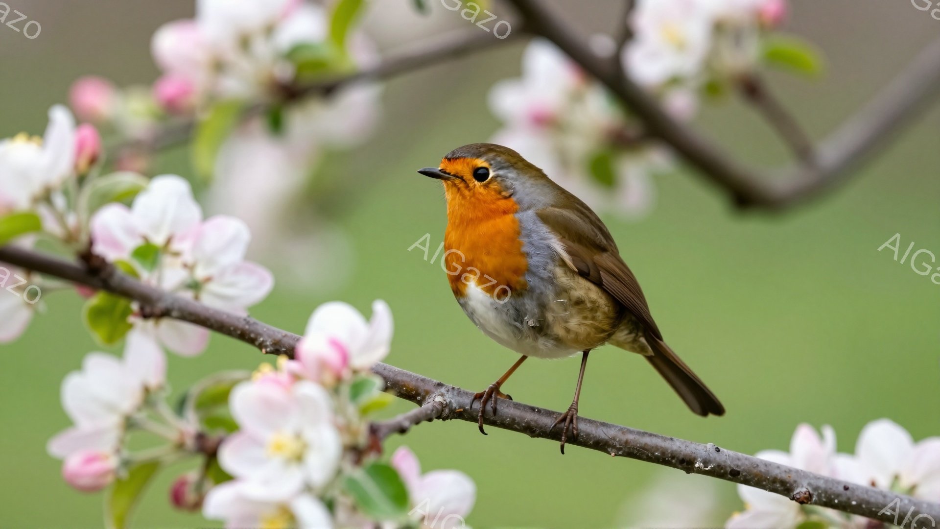 赤い胸を持つ小さな鳥が、ピンク色の花が咲く木の枝に止まっています。背景は緑色のぼやけた景色で、春の穏やかな雰囲気を感じさせます。鳥は左を向き、警戒しているように見えます。