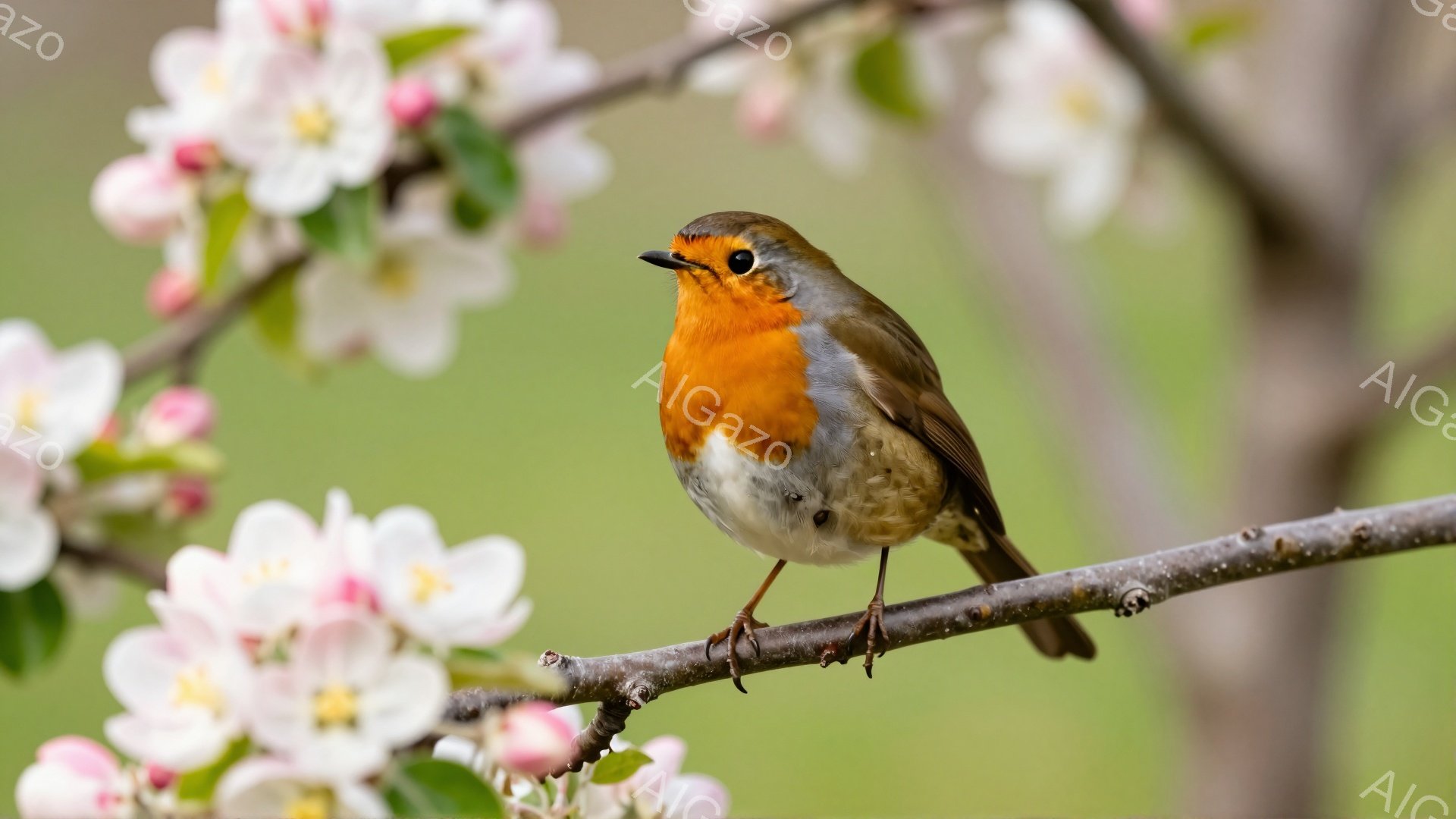 鮮やかな赤い胸を持つ、ヨーロッパコマドリが枝にとまっている。周りには白くて小さな花が咲き乱れ、春の穏やかな雰囲気を醸し出している。背景は緑色のぼかしで、被写体に焦点が当たっている。 - AI生成フリー素材