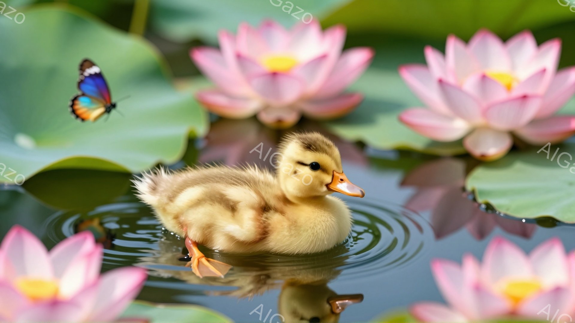 鮮やかなピンクの蓮の花が咲き誇る池で、ふわふわの黄色いヒナが水面を漂っています。ヒナは好奇心いっぱいの表情で前を見つめ、背景には青い羽の蝶が舞っています。穏やかで平和な夏の日の光景が目に浮かびます。