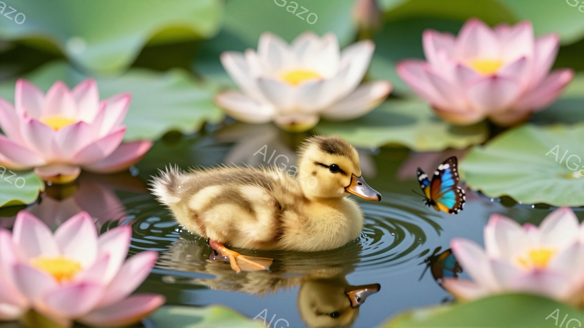 可愛らしいアヒルの雛が水面に浮かび、周囲にはピンクの蓮の花が咲き乱れています。蝶が雛のそばを舞い、穏やかで幻想的な雰囲気を醸し出しています。水面に反射する光が、さらに美しい情景を作り出しています。 - AI生成フリー素材