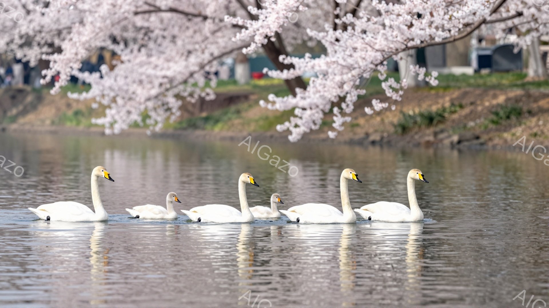 白鳥が列をなして水面を泳いでいる。背景には桜の花が咲き誇り、春の穏やかな雰囲気を醸し出している。水面に映る白鳥の影も美しく、幻想的な光景を作り出している。