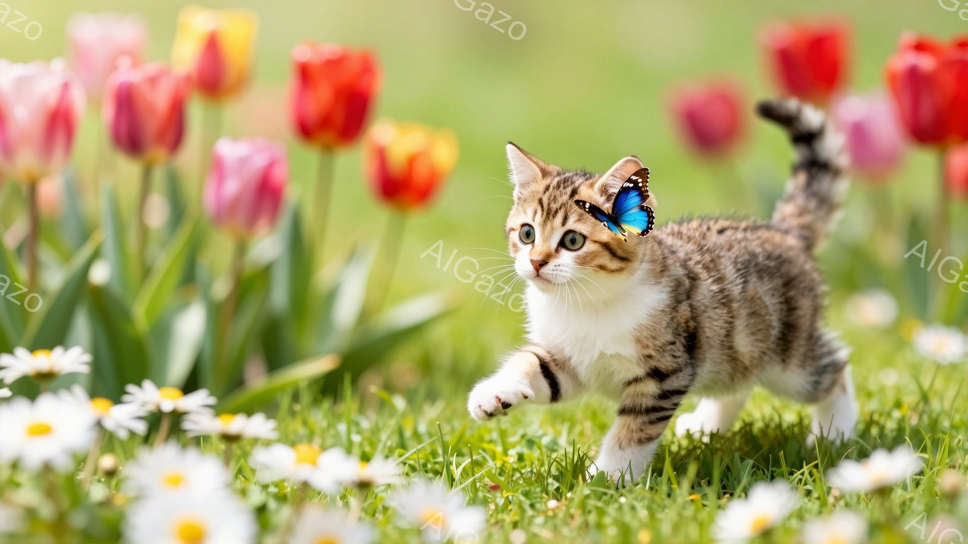 緑の草の上を子猫が歩いている。背景にはカラフルなチューリップやデイジーが咲き乱れ、まるで春の庭のようだ。蝶が子猫の鼻先に舞い、可愛らしい光景が広がっている。