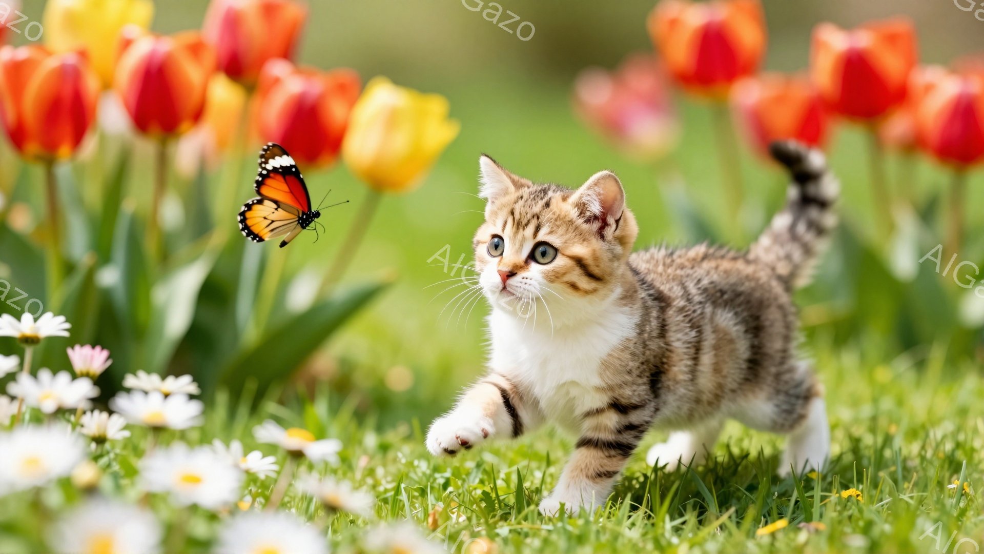 緑の草原で、縞模様の可愛い子猫が蝶を追いかけて遊んでいます。鮮やかなチューリップやデイジーが咲き乱れ、春らしい暖かく穏やかな雰囲気です。子猫のつぶらな瞳が印象的で、見ているだけで心が和みます。