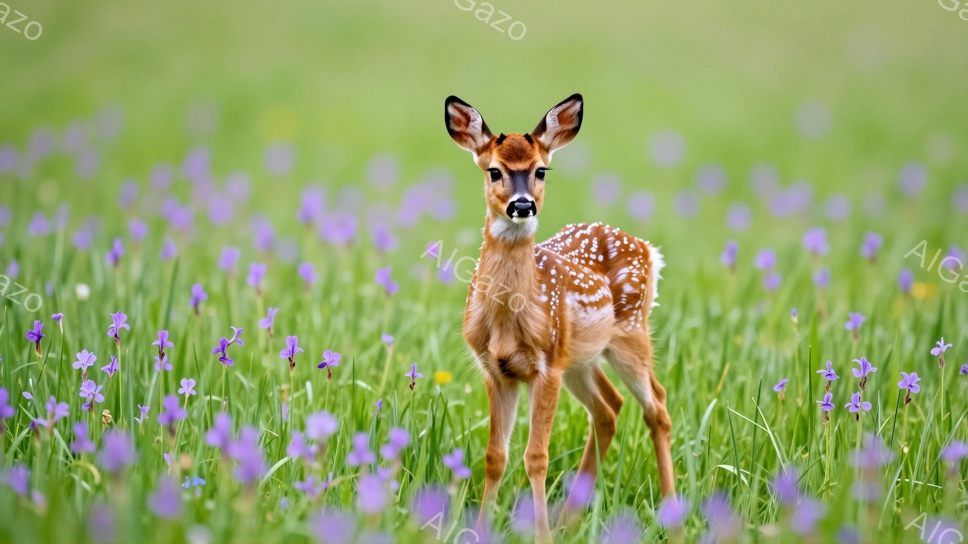 緑豊かな草原に、小さなシカの子供が立っている。シマ模様の毛並みと大きな瞳が特徴的で、好奇心旺盛そうに見つめている。紫色の花々が咲き乱れ、穏やかで平和な雰囲気を醸し出している。 - AI生成フリー素材