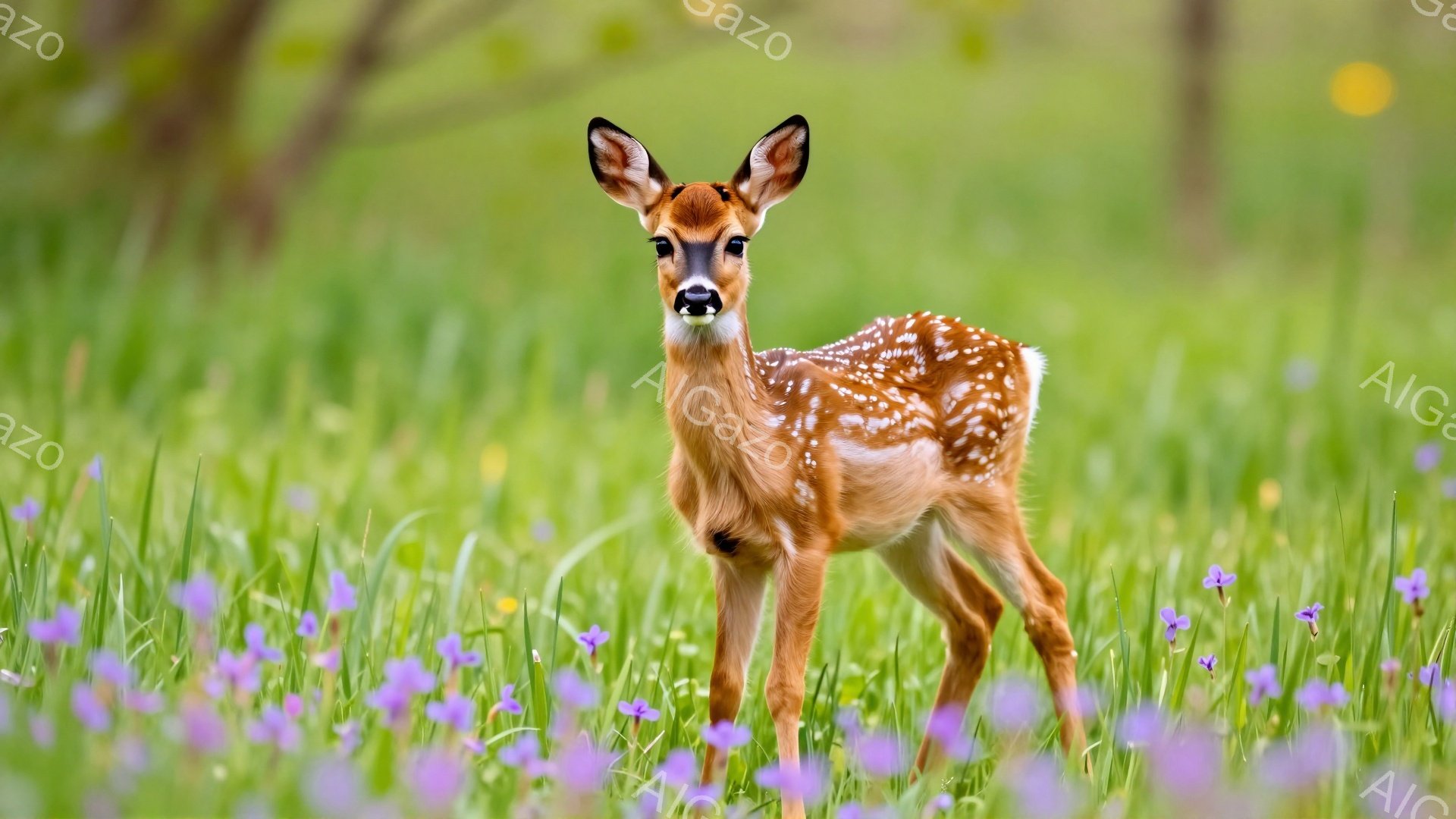 小さなシカが紫色の花が咲き乱れる草原の中に立っている。毛並みは茶色に白斑があり、好奇心いっぱいの表情で正面を見つめている。背景は緑豊かで、穏やかで平和な雰囲気が漂っている。 - AI生成フリー素材