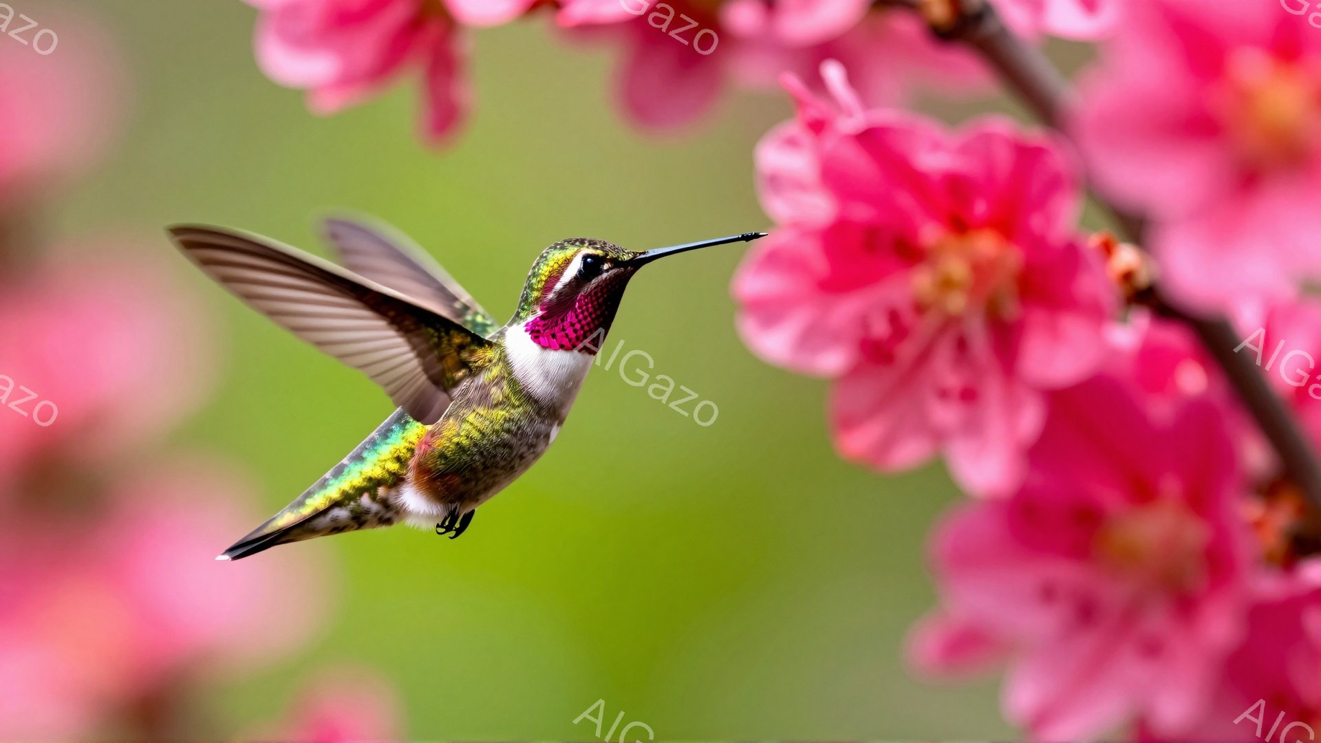 明るいピンク色の桜の花のそばで、鮮やかな色のハチドリが翼を広げて飛んでいる。ハチドリの喉はルビーのように赤く、その周囲は緑と黒の美しい模様が広がっている。背景はぼやけた緑色で、春の穏やかな雰囲気を醸し出している。