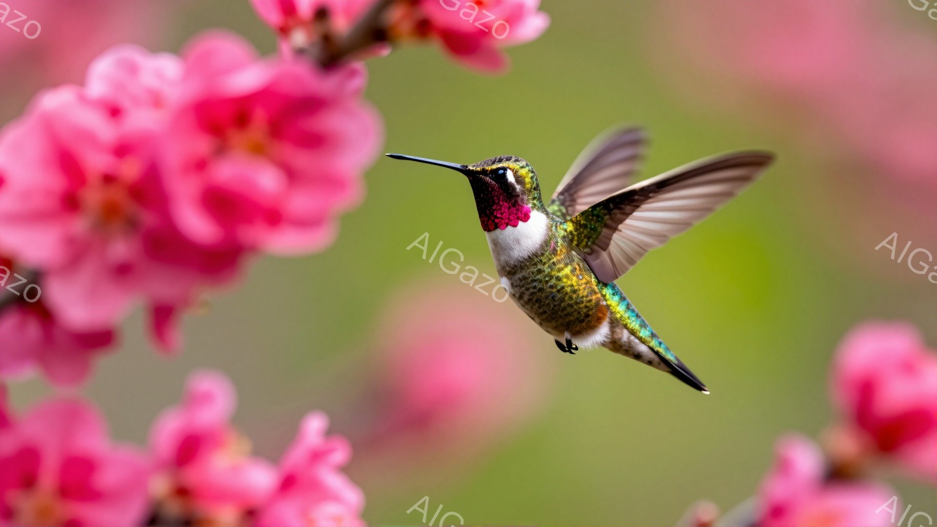 ピンク色の桜の花びらの間を、美しい緑と赤のハチドリが飛んでいる。羽を大きく広げ、花から花へと蜜を求めて活発に飛び回っている様子が捉えられている。春の暖かな日差しを感じさせる、鮮やかな光景だ。 - AI生成フリー素材