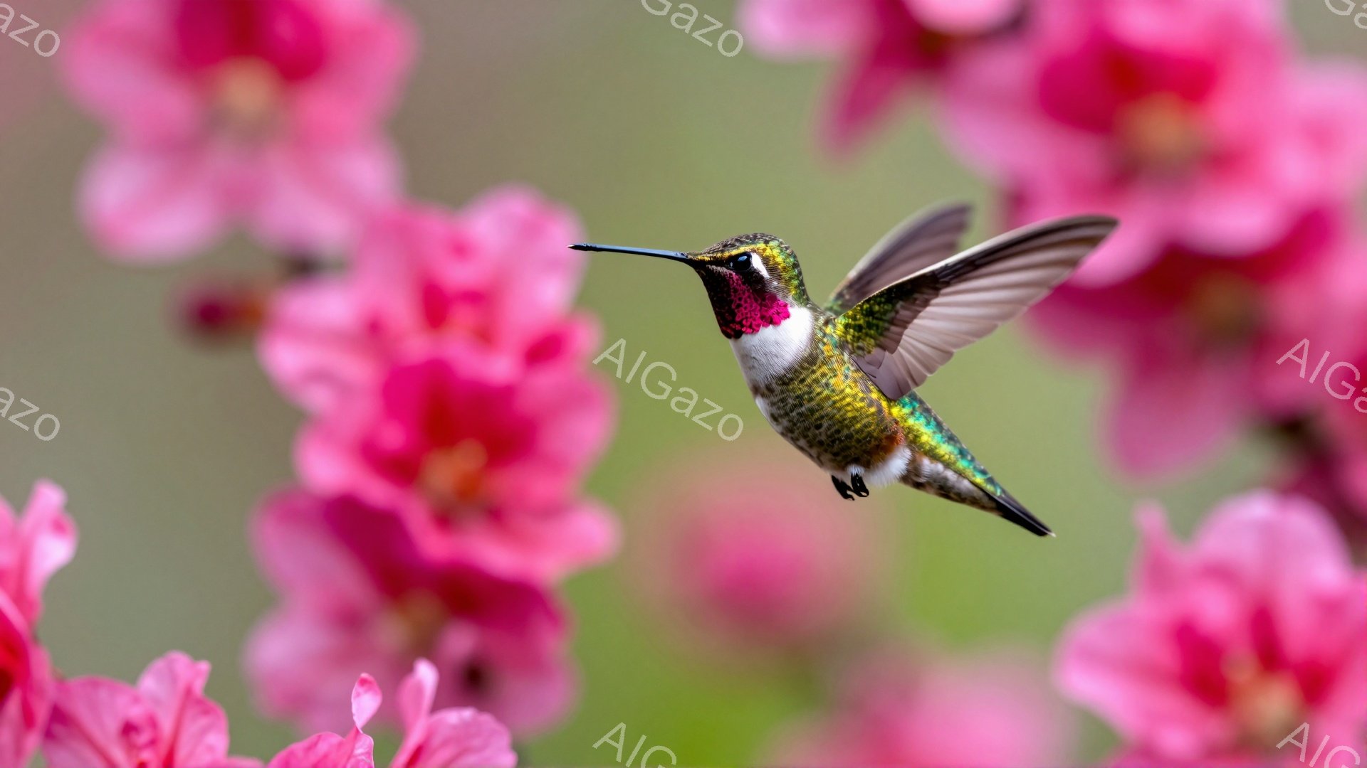 ピンク色の桜の花びらの中に、緑と赤のハチドリが飛行している様子が捉えられています。羽根はぼやけており、高速で動いていることが分かります。背景の桜は柔らかい光に包まれ、春らしい穏やかな雰囲気です。 - AI生成フリー素材