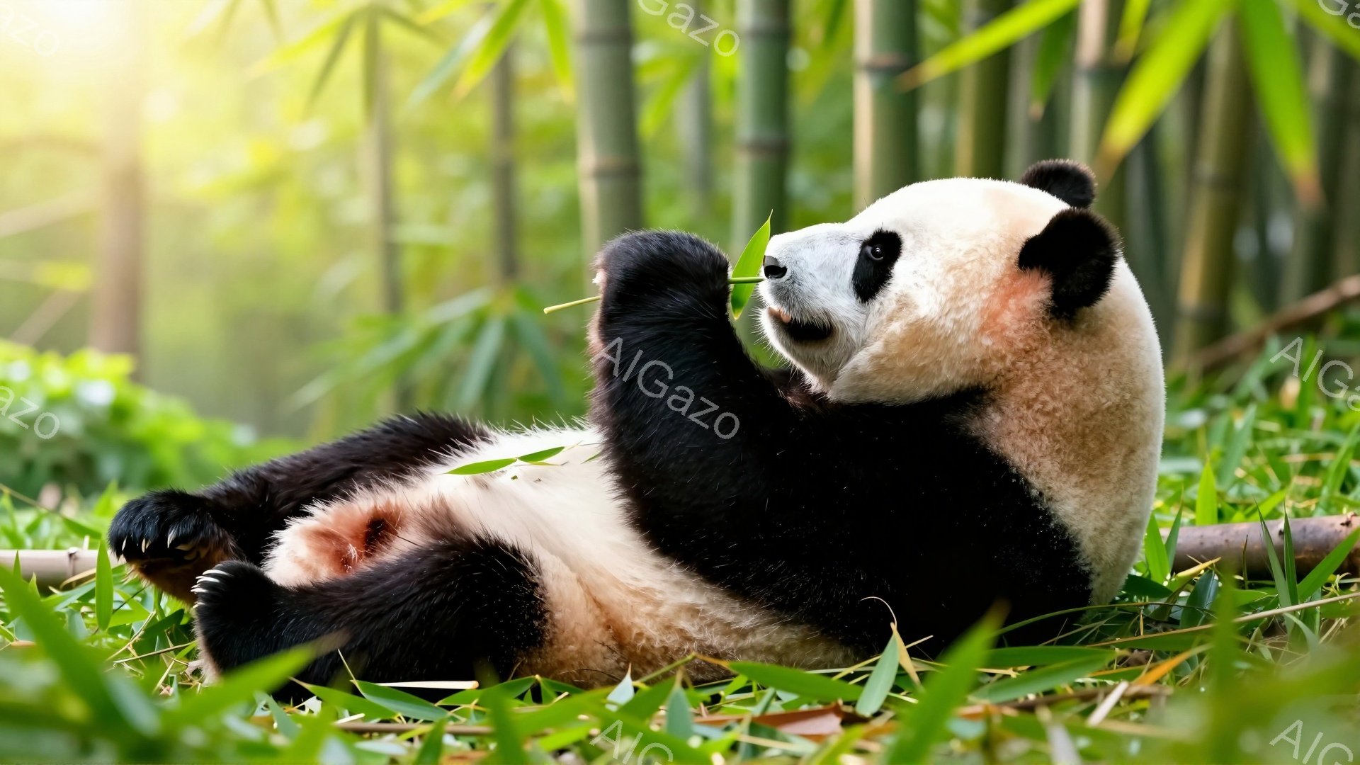 緑豊かな竹林の中で、パンダが仰向けに寝転がってリラックスしています。前足で顔を覆い、いたずらっぽい表情を浮かべているようです。明るい光が差し込み、穏やかで平和な雰囲気が漂っています。