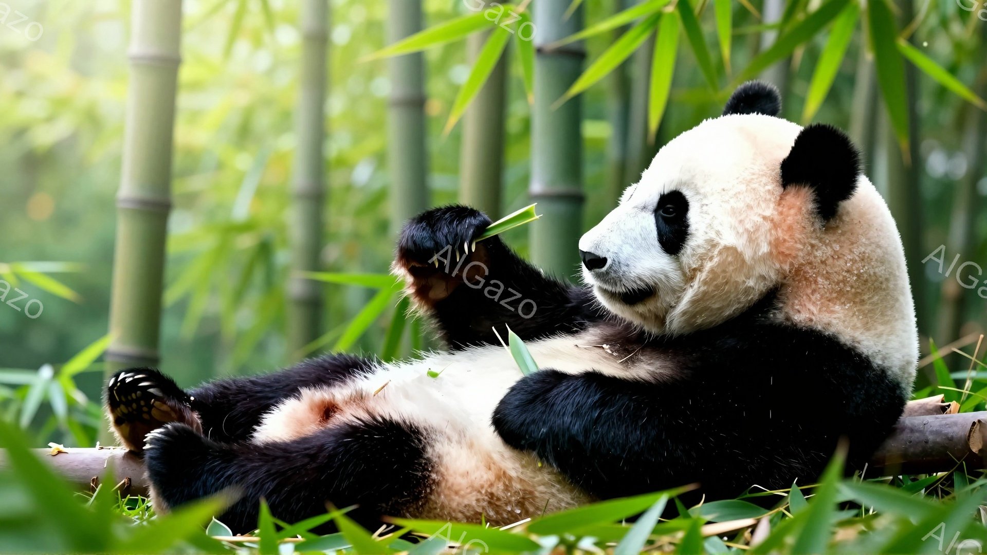 緑豊かな竹林の中でパンダがリラックスして横たわっています。片手で竹をつかみ、美味しそうに食べている様子が可愛らしいです。暖かく穏やかな雰囲気の自然写真です。