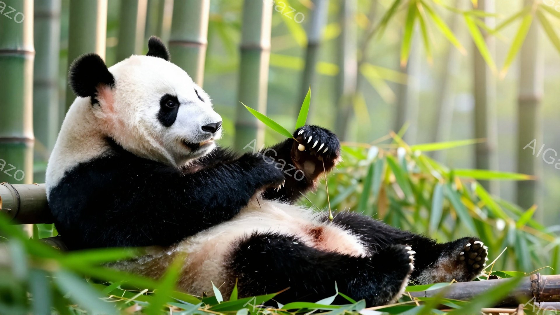 パンダは竹林の中でリラックスした姿勢で座っており、片手で竹の葉を食べています。ふっくらとした身体と愛らしい表情が印象的で、周囲の緑の竹とのコントラストが美しいです。穏やかで平和な雰囲気が伝わってきます。