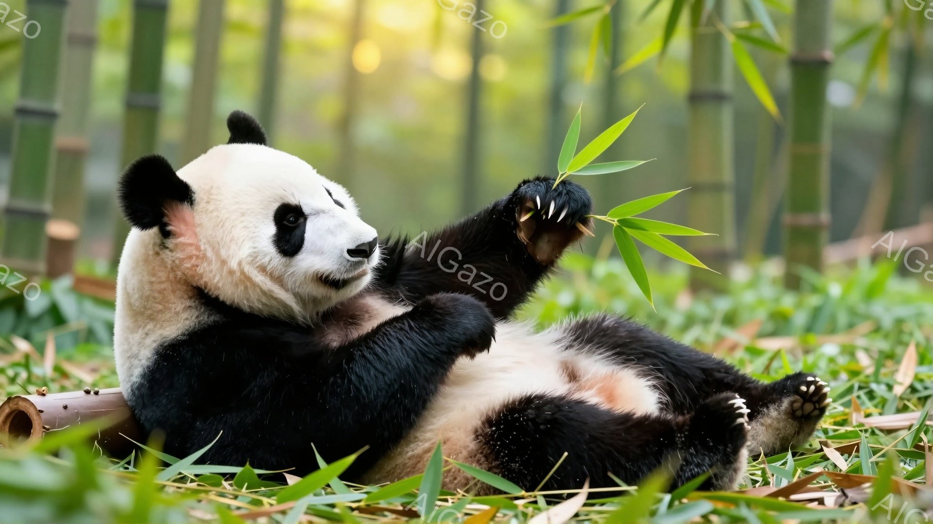 リラックスしたパンダが緑の草の上に仰向けに寝ています。片手で竹の葉を握り、満足げな表情で遊んでいるようです。背景には竹林が広がり、穏やかで平和な雰囲気です。