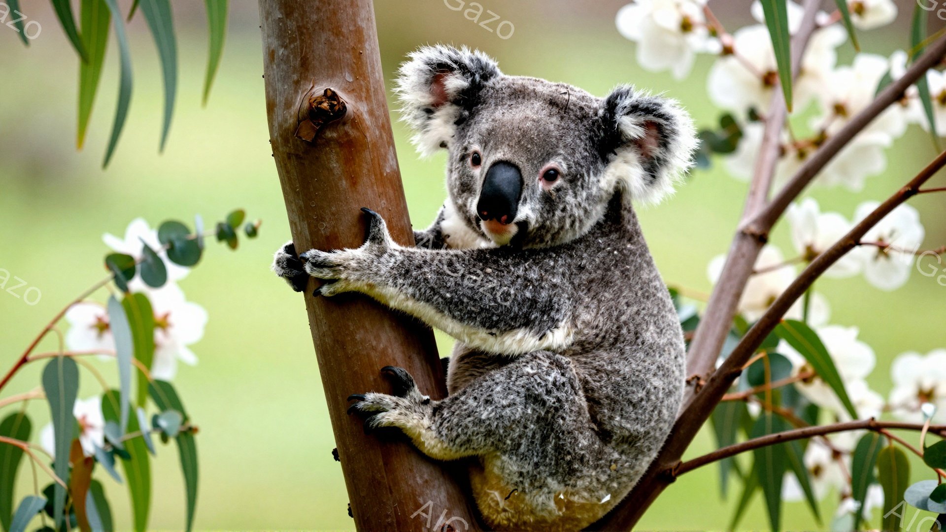 コアラが木の幹にしがみついています。周りには白い花が咲き乱れ、春の穏やかな雰囲気が漂っています。コアラは少し上目遣いで、こちらを見ているようです。