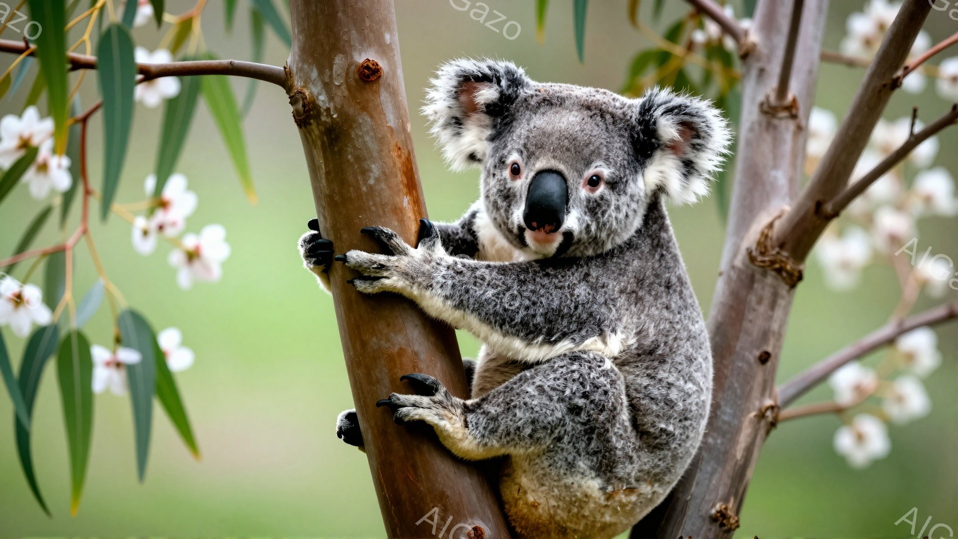 コアラが木の幹にしがみついています。毛並みは灰色でふわふわしており、目は大きく、愛らしい表情をしています。背景は緑豊かな木々と白い花で、穏やかで平和な雰囲気を醸し出しています。