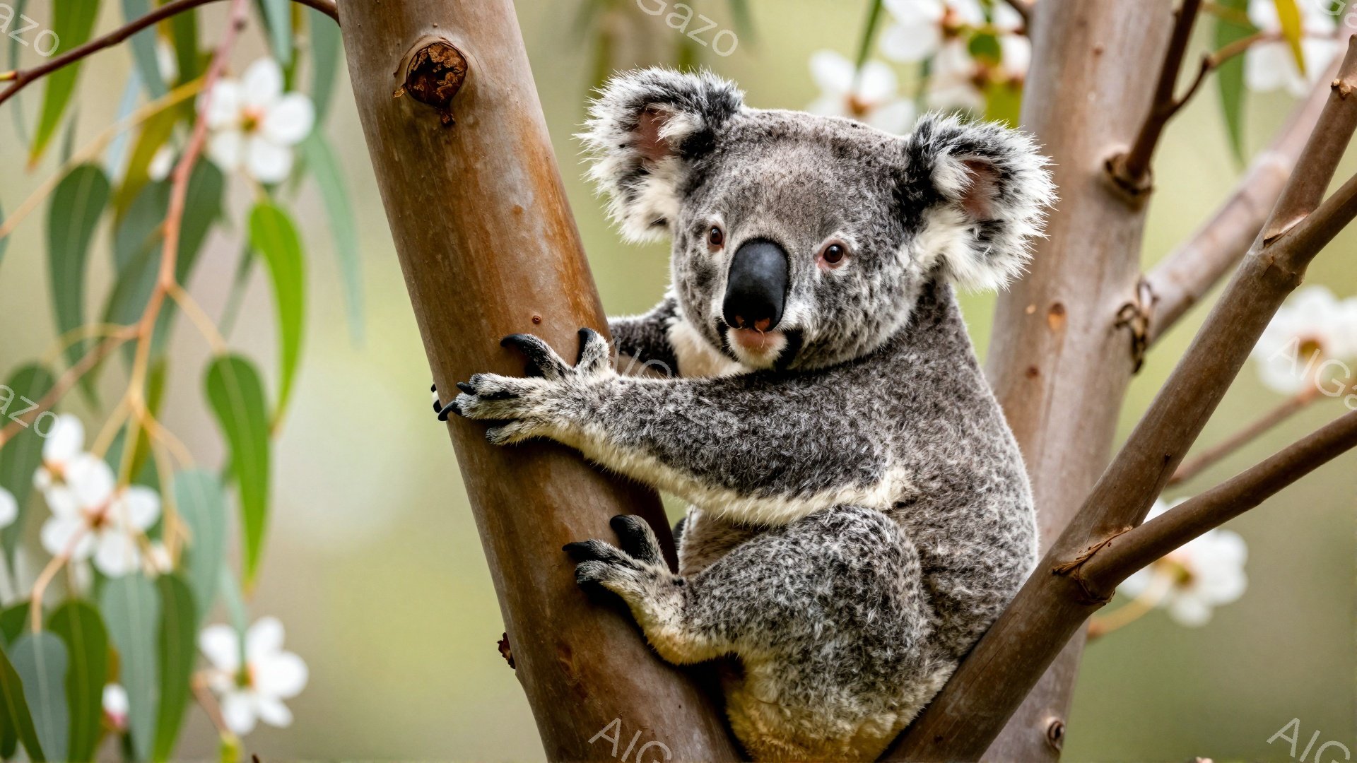 コアラが木の枝にしがみついています。その表情は少し驚いたようで、大きな耳をピンと立てています。背景には白い花が咲き乱れ、穏やかな雰囲気です。