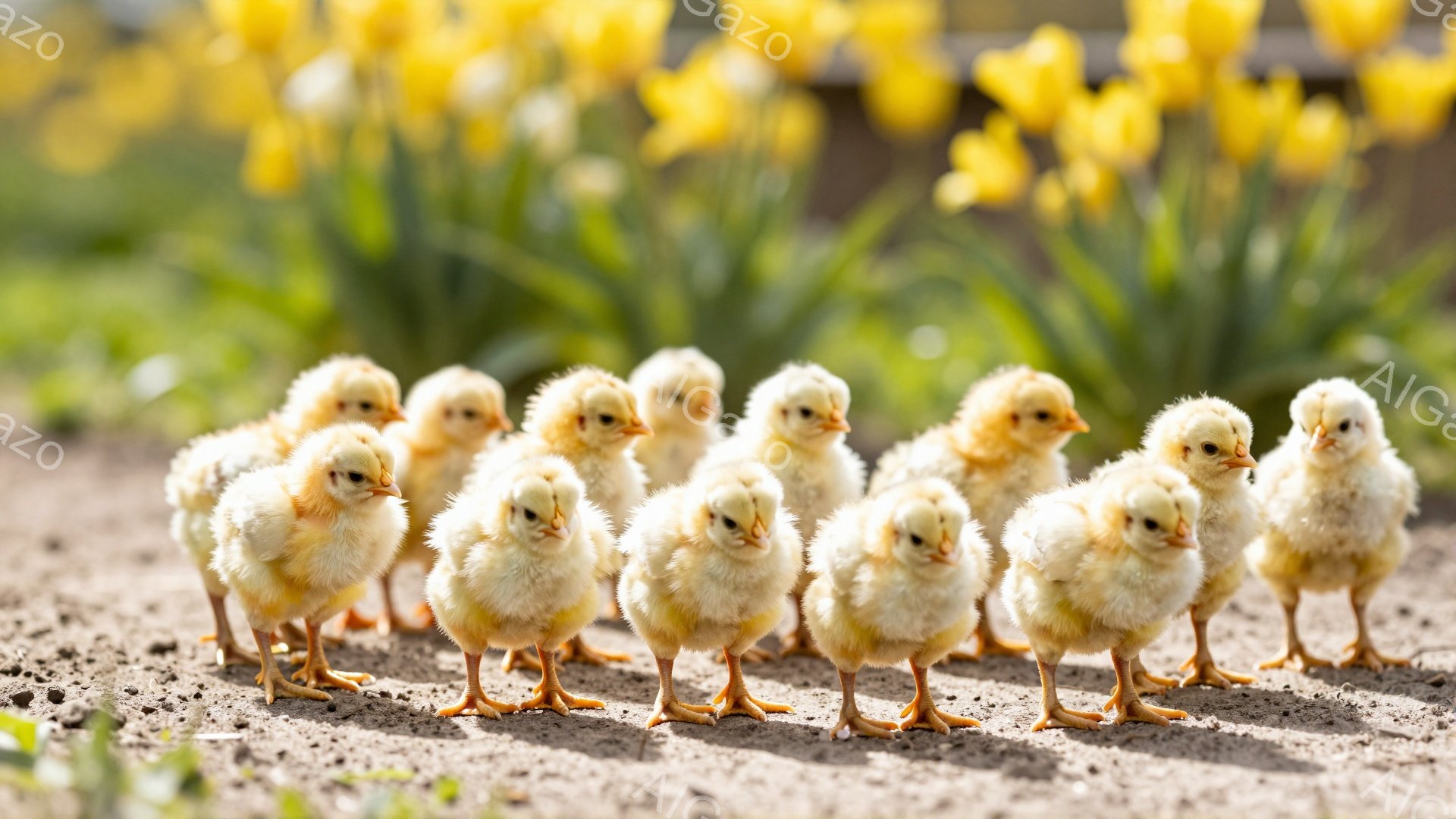 小さなヒヨコたちが地面に整列して立っている。背景には鮮やかな黄色の花が咲き乱れ、春らしい暖かさと生命力を感じさせる。柔らかい光がヒヨコたちを照らし、可愛らしい姿がより引き立っている。