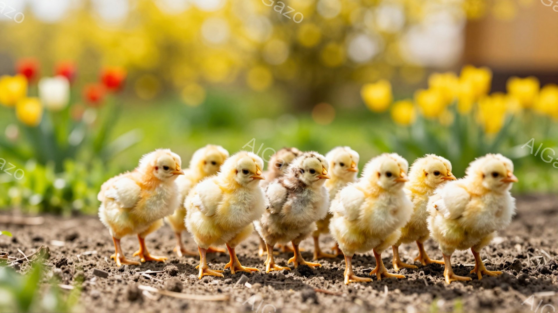 庭の土の上に黄色いヒヨコたちが一列に並んでいます。背景にはぼやけた黄色と赤のチューリップの花が咲いており、春らしい暖かく穏やかな雰囲気を醸し出しています。小さなヒヨコたちは好奇心旺盛に前方を見つめています。