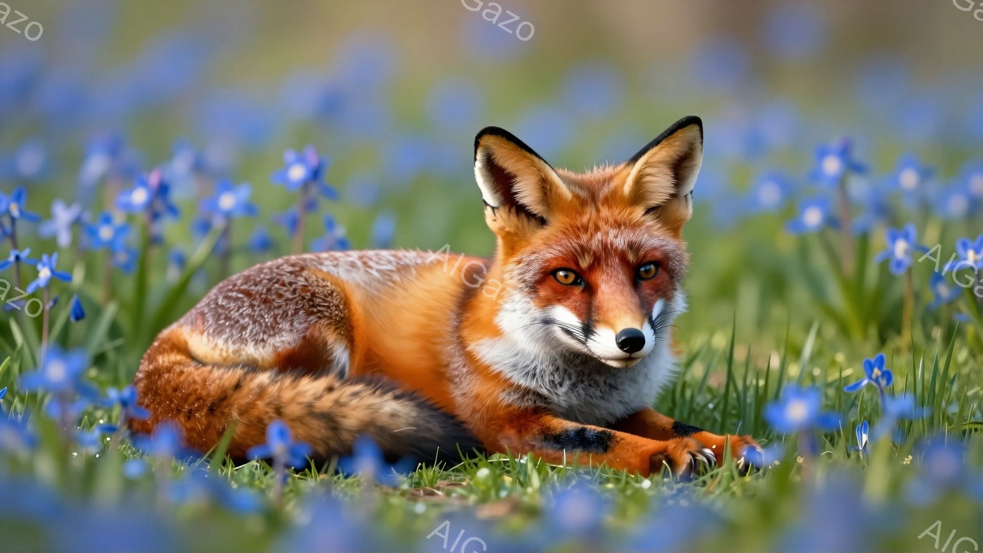 鮮やかなオレンジ色の毛並みを持つキツネが、青い花が咲き乱れる草原に横たわっています。キツネは鋭い眼差しで正面を見つめ、まるで何かを警戒しているかのようです。背景はぼかされており、キツネと花のコントラストが際立っています。