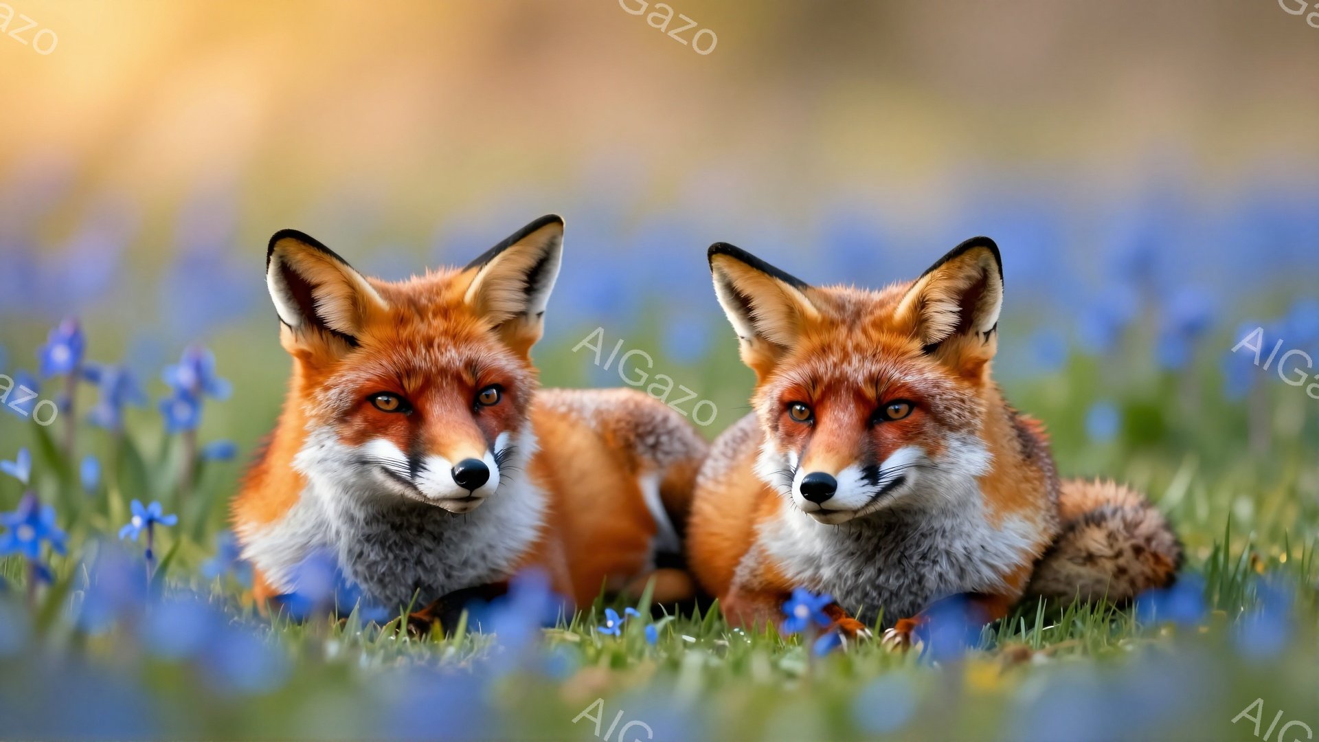 鮮やかな青い花畑の中で、2匹のキツネが寄り添って横たわっています。毛並みは赤茶色で、表情は穏やかで、温かい日差しが彼らを照らしています。背景にはぼやけた緑豊かな風景が広がり、平和で穏やかな雰囲気を醸し出しています。