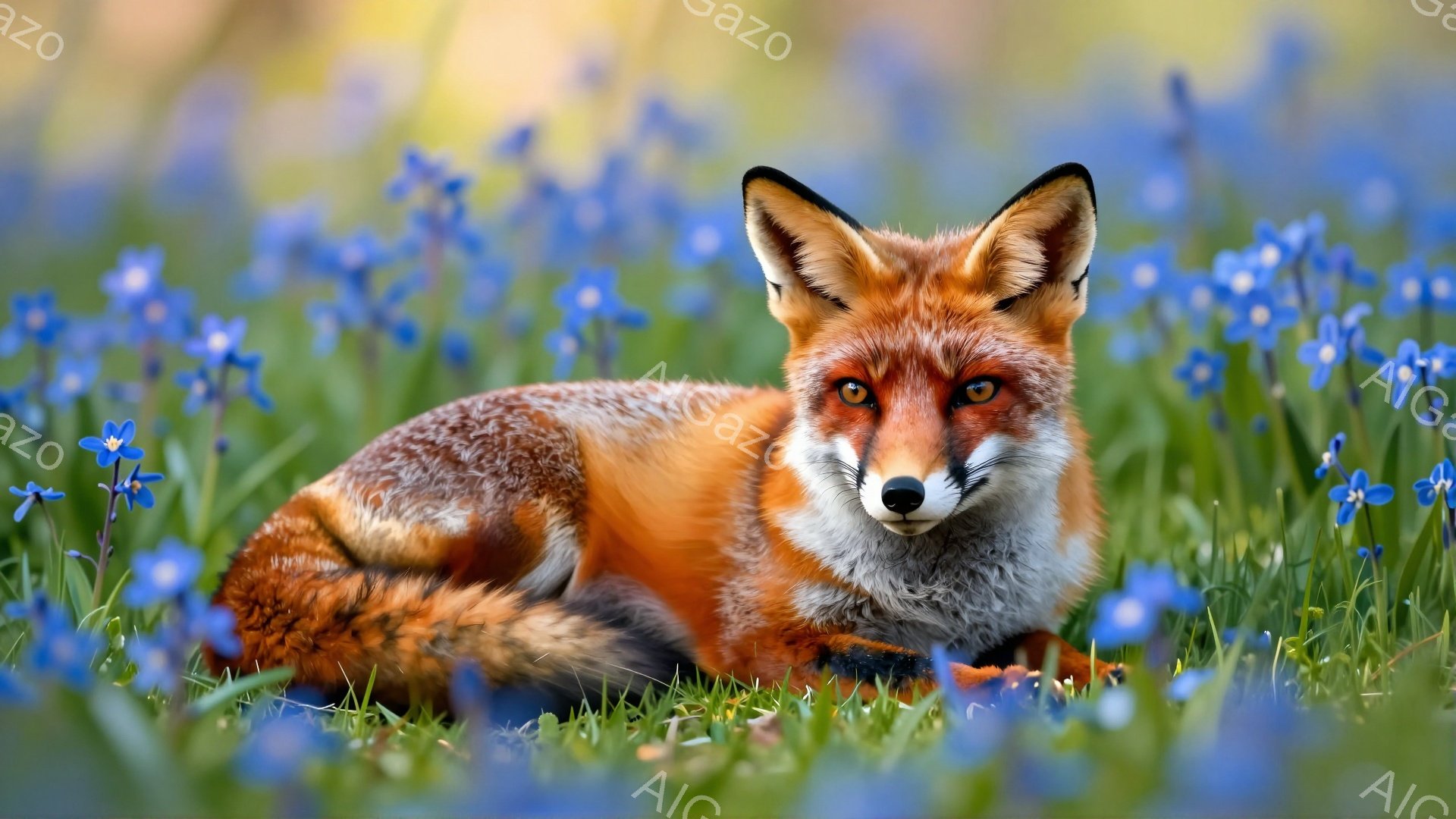 草原に横たわるキツネが写っている。鮮やかなオレンジ色の毛並みと、澄んだ緑の瞳が印象的だ。周囲には小さな青い花が咲き乱れ、穏やかな春の雰囲気を醸し出している。 - AI生成フリー素材