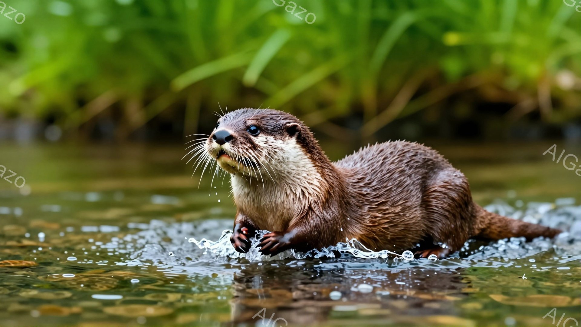 滑らかな毛並みのカワウソが水面を勢いよく泳いでいる。水しぶきが飛び散り、背景には緑豊かな植物が見える。カワウソは活発で好奇心旺盛な表情でこちらを見ているようだ。 - AI生成フリー素材