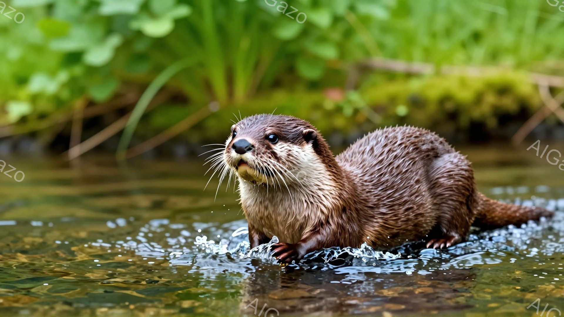 川の中でカワウソが水しぶきを上げながら泳いでいます。緑の植物が生い茂る背景と、水面に反射する光が、生き生きとした雰囲気を演出しています。カワウソは前足を使い、楽しそうに水面を移動しています。 - AI生成フリー素材