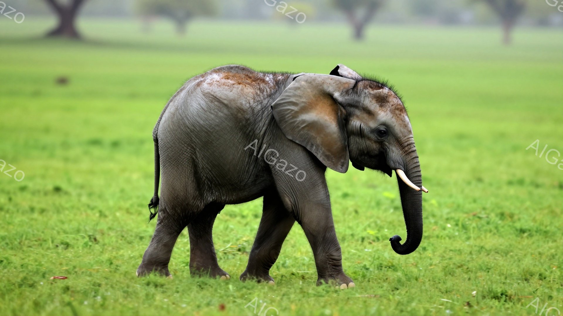 若いゾウが緑の草原を歩いている。泥まみれで、少し幼く、片方の耳が少し折れ曲がっている。背景は緑豊かで、遠くには木々が見える穏やかな雰囲気だ。 - AI生成フリー素材