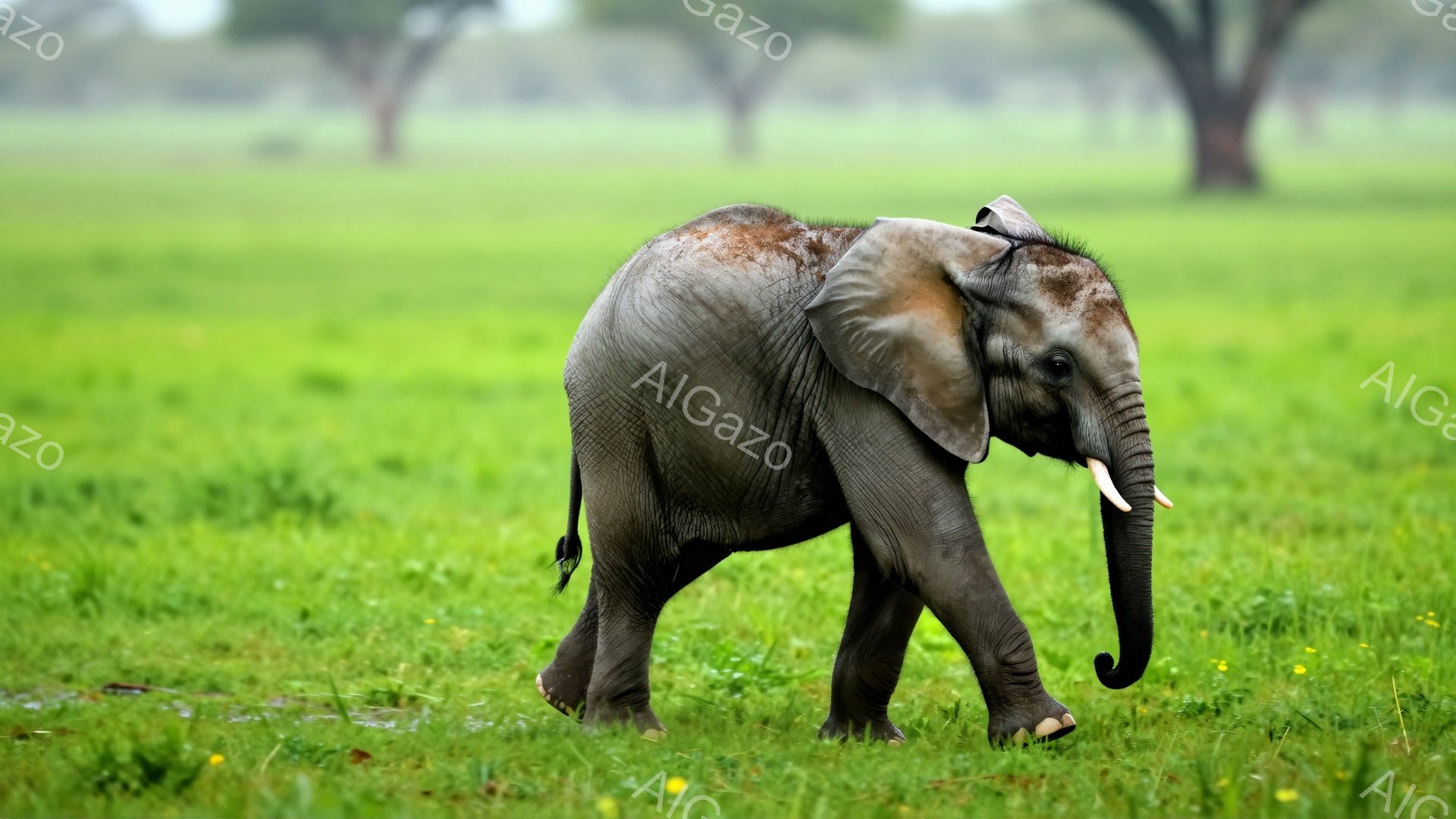 広大な緑の草原を子象が歩いている。柔らかい光が子象を照らし、背景には木々がぼんやりと見える。子象は幼さにあふれ、平和な雰囲気が漂う。 - AI生成フリー素材