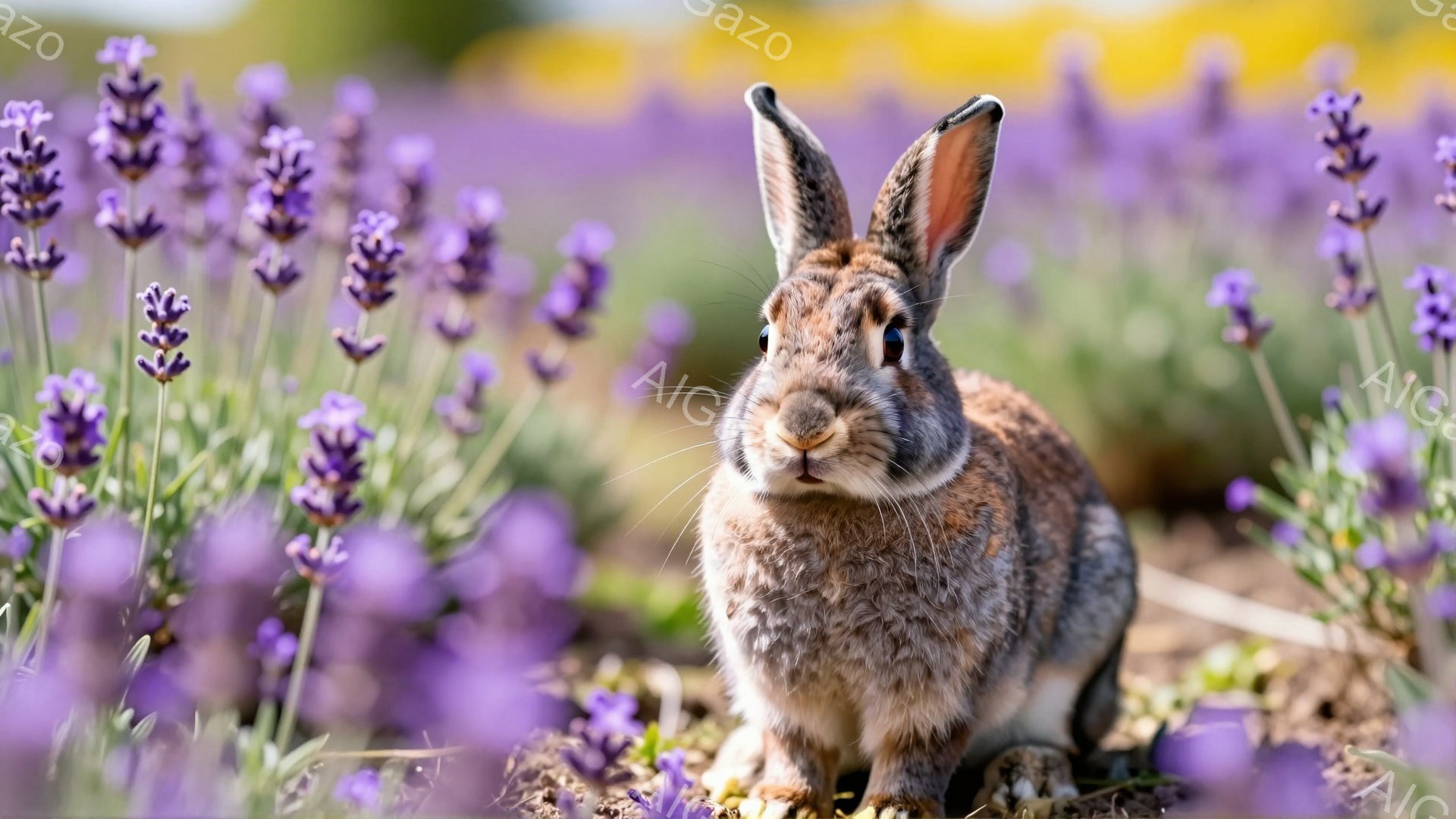 庭のラベンダー畑で、毛並みの美しい茶色のウサギが正面を見つめている。日差しが柔らかく、ウサギの毛並みを照らし、背景の紫色の花々とコントラストを作っている。穏やかで平和な雰囲気の、自然豊かな光景だ。 - AI生成フリー素材