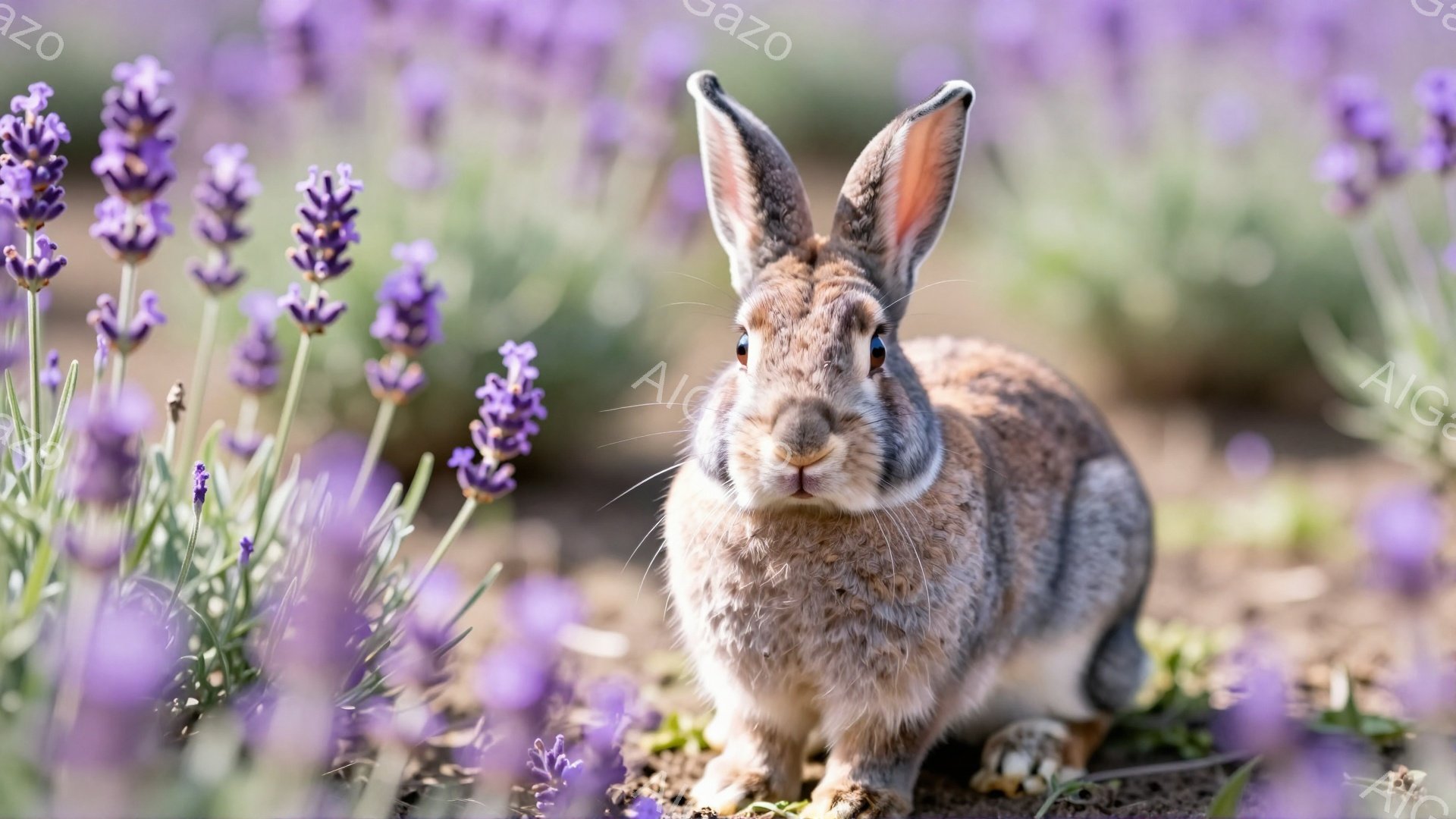 灰色のウサギがラベンダー畑の中で正面を向いて座っています。そのウサギは大きく、耳がピンと立っており、毛並みはふさふさとしています。背景は紫色のラベンダーの花で満たされ、明るく穏やかな雰囲気です。