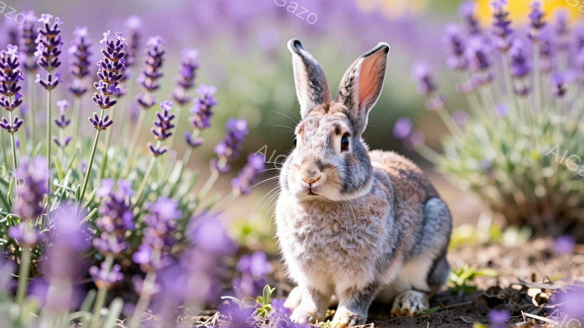 土の中にいる灰色のウサギが、紫色のラベンダーの花を見つめています。ウサギの毛並みは細かく、耳はピンと立っており、可愛らしい表情をしています。背景にはぼやけたラベンダー畑が広がり、穏やかで平和な雰囲気です。