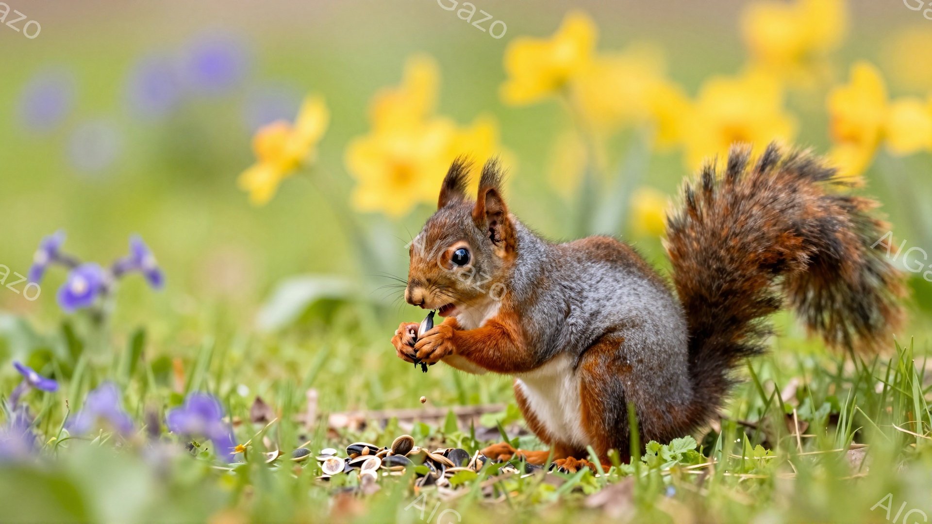 赤褐色のリスが、緑の草むらの中で種を食べている。背景には鮮やかな黄色の水仙と紫色の花がぼやけて写っており、春の暖かな雰囲気を醸し出している。リスの毛並みは美しく、動きのあるポーズで自然の中で楽しんでいる様子が伝わる。