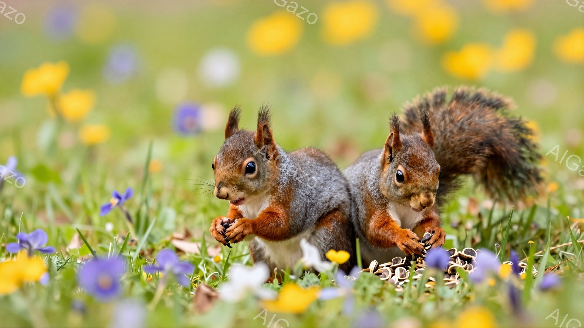 二匹のリスが、春の花が咲き乱れる草の上に並んで座っています。どちらも同じポーズで、何かを食べているようです。背景は柔らかい光に包まれ、穏やかな春の日の雰囲気を醸し出しています。