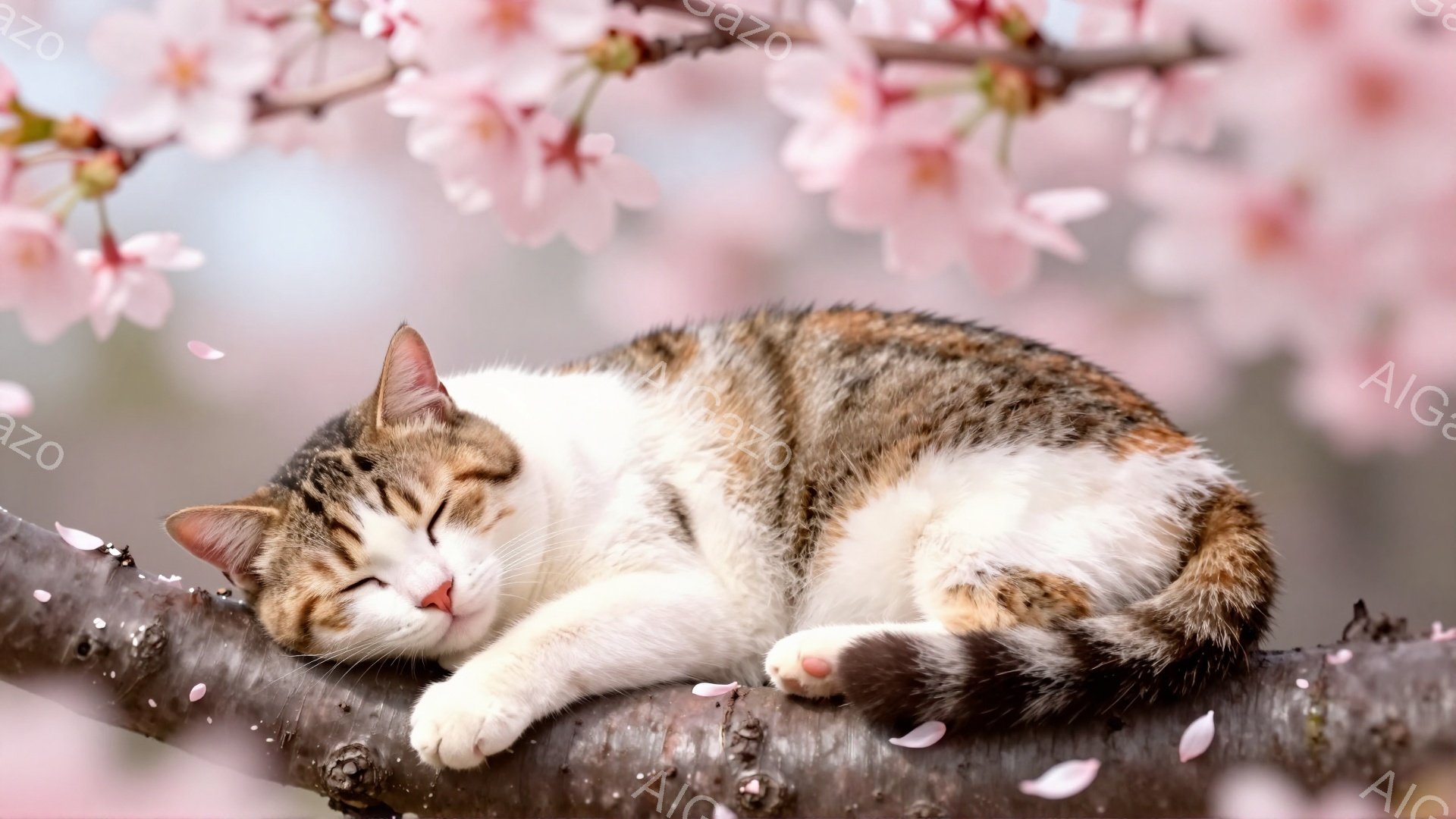白と茶色の縞模様の猫が木の枝で丸まって眠っています。背景には桜の花が咲き乱れ、春の穏やかな雰囲気を醸し出しています。猫の安らかな表情と桜の美しさが、平和な情景を作り出しています。 - AI生成フリー素材
