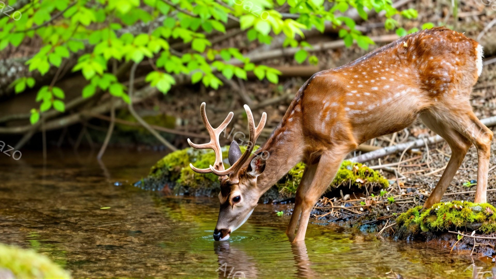 鹿が清らかな水場で水を飲んでいます。緑豊かな背景と苔むした岩が、静かで穏やかな雰囲気を醸し出しています。角を持つ雄鹿は、自然の中で生き生きと暮らしている様子が伺えます。