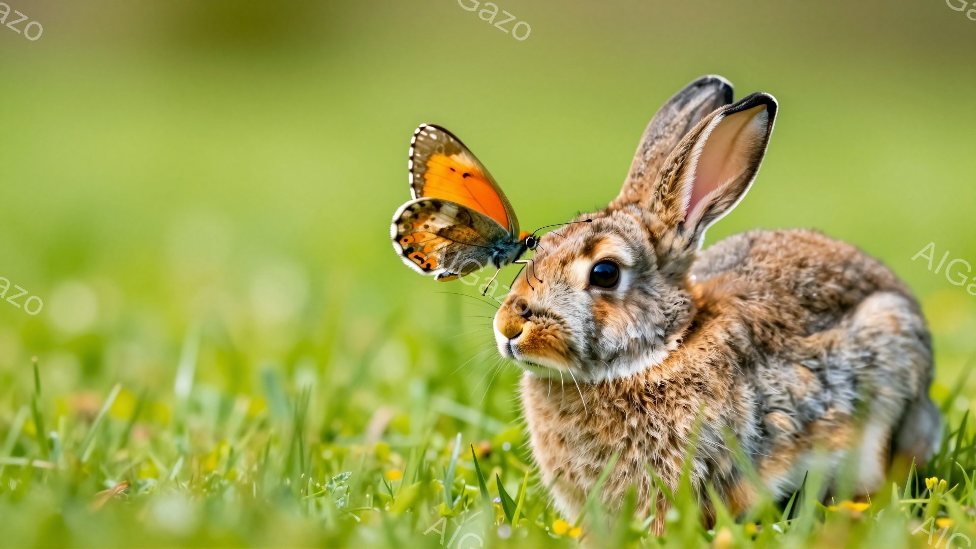 緑色の草むらの中に、小さな茶色のウサギが座っています。蝶がウサギの鼻にとまっており、まるでウサギが蝶にキスをしているかのようです。背景はぼやけており、春らしい穏やかな雰囲気を醸し出しています。