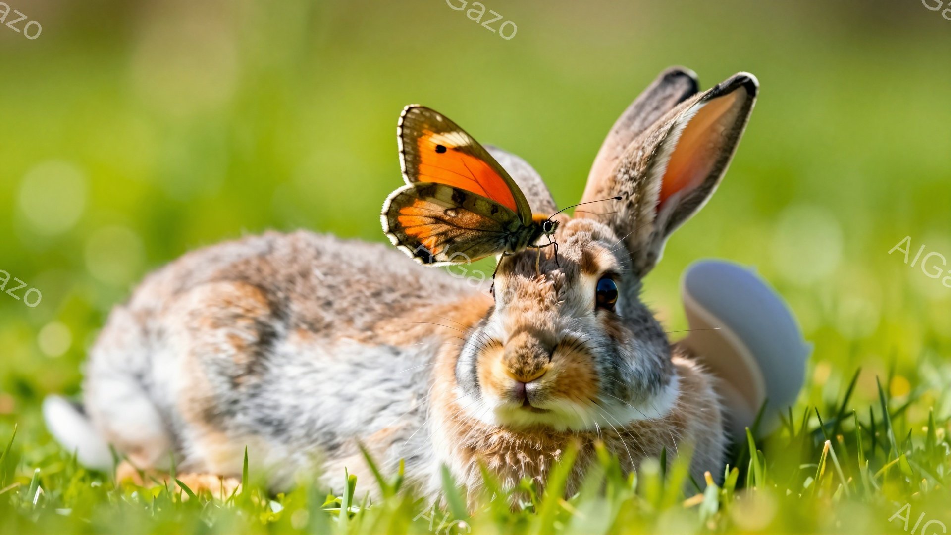 緑の草原にいる茶色のウサギが、オレンジ色の蝶を頭に乗せています。ウサギは前足を伸ばしてリラックスした姿勢で、穏やかで平和な雰囲気です。背景は鮮やかな緑色で、春や夏の自然の風景を思わせます。 - AI生成フリー素材