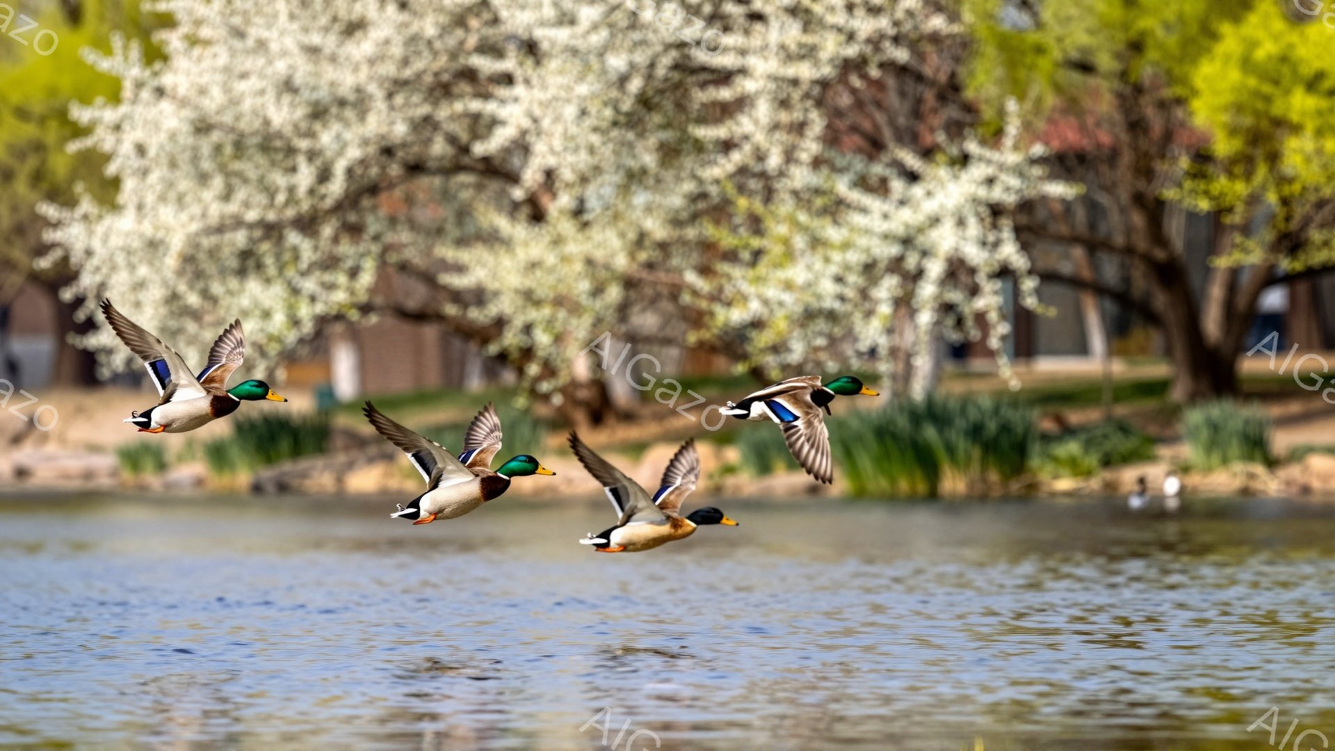 穏やかな湖面を数羽のカモが飛んでいる。背景には満開の桜並木が広がり、春の暖かさと生命力を感じさせる。水面に反射したカモの影と桜が、美しい風景を作り出している。