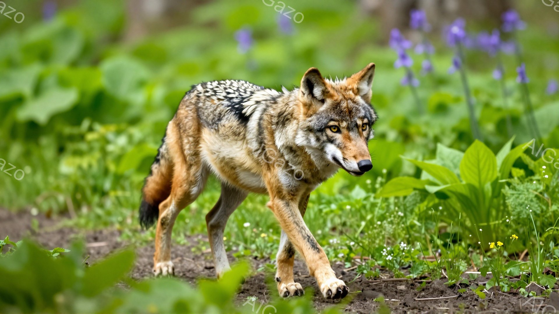 草原を歩くオスのコヨーテが写っている。毛並みは茶色と灰色が混ざり、鋭い眼光で前を見据えている。背景には緑の植物が生い茂り、春の穏やかな雰囲気が感じられる。