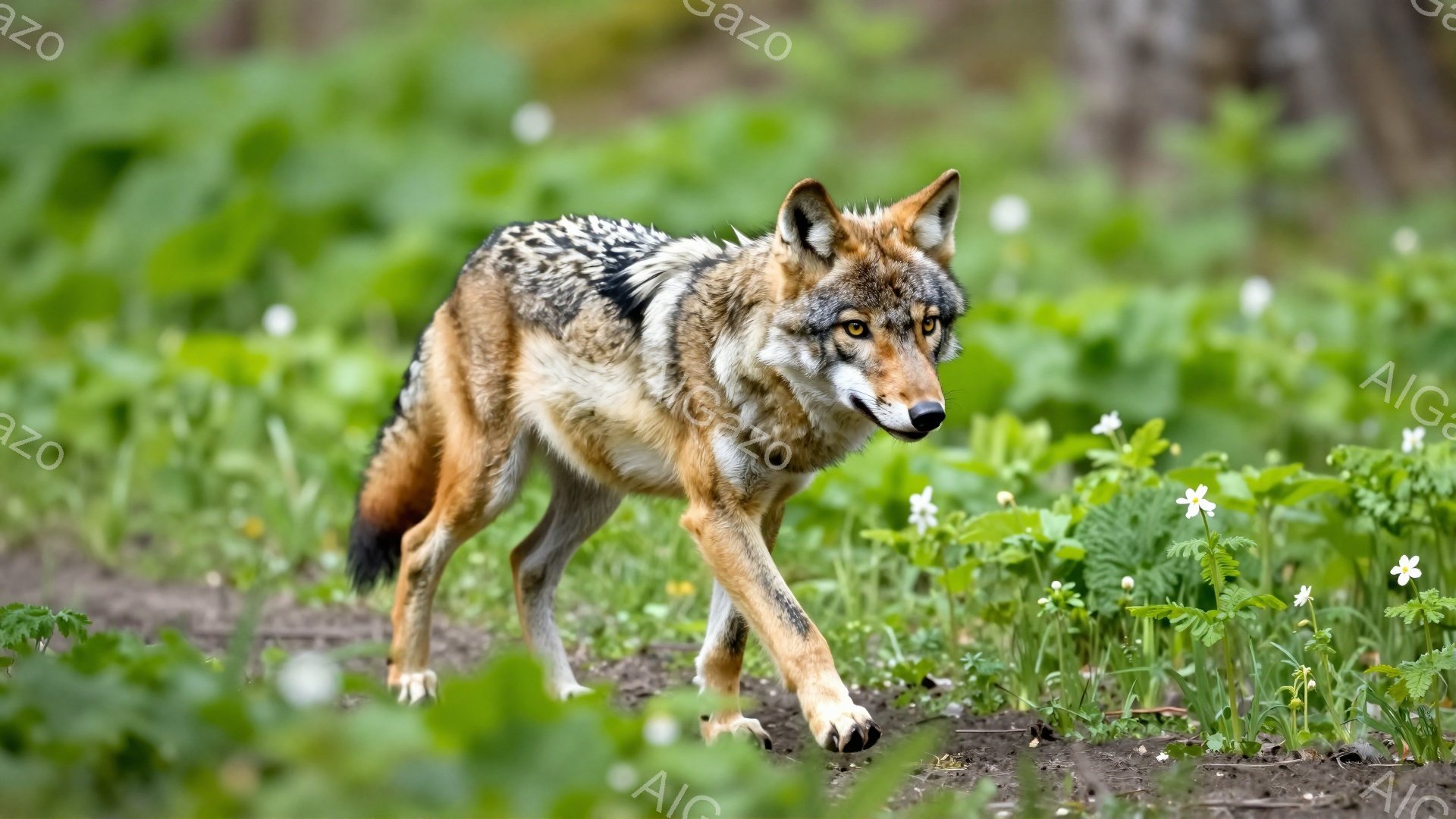 鮮やかな緑の草の上に、コヨーテが歩いている。その毛並みは茶色と灰色が混ざり合い、野生の美しさを際立たせている。背景には緑豊かな植物が広がり、自然な雰囲気を醸し出している。